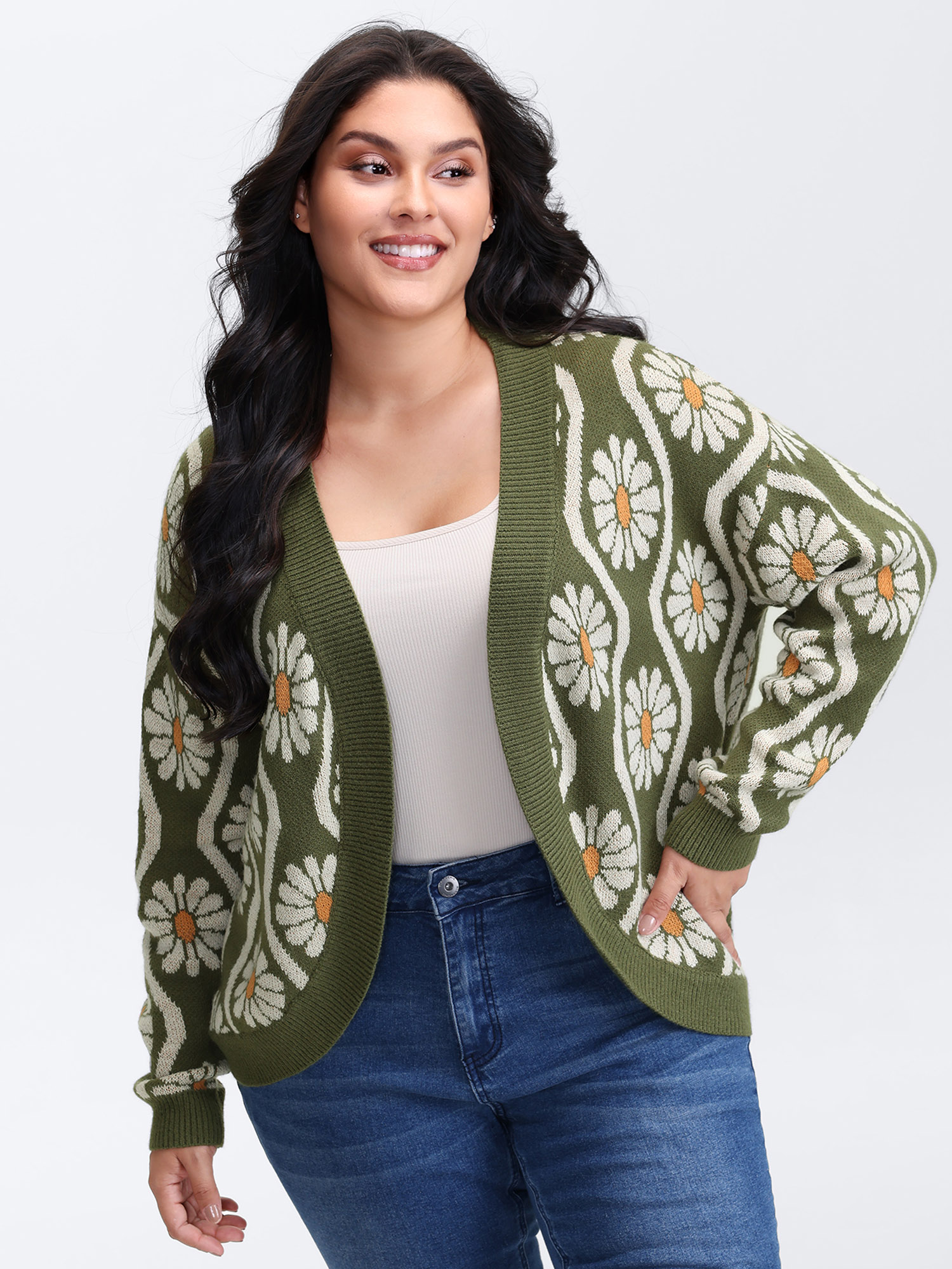 BloomChic Women's Plus Size Floral Pattern Jacquard Arc Hem Knit Cardigan Moss Long Sleeve 30/6X