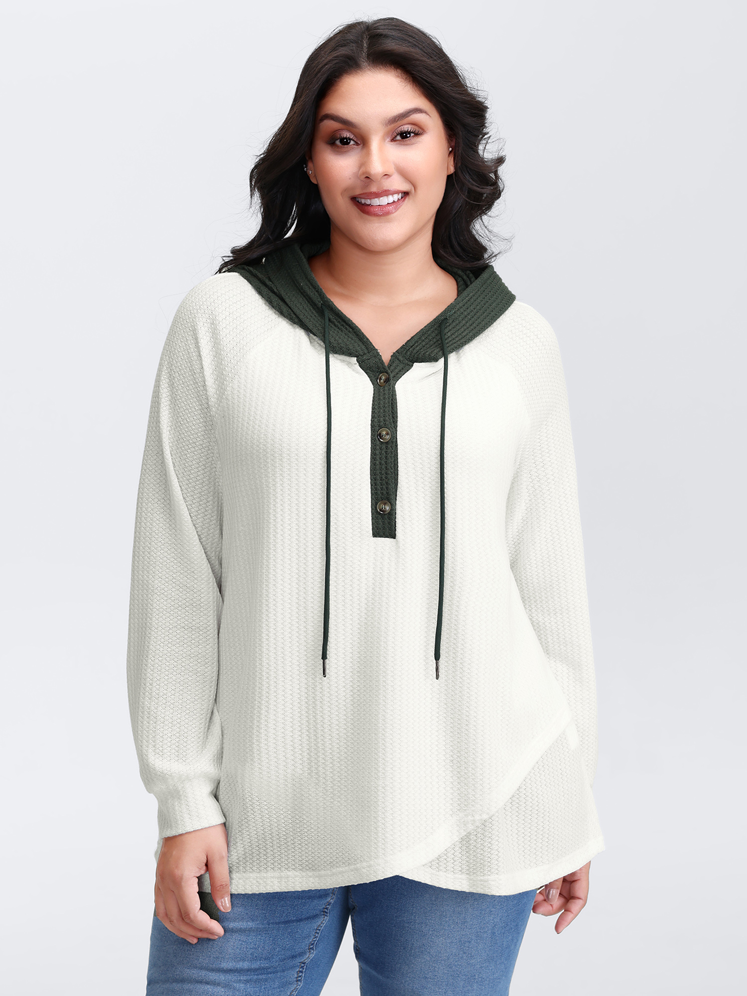 BloomChic Women's Plus Size Overlap Hem Color Block Hooded Waffle Sweatshirt Ivory Everyday-Casual 10/M