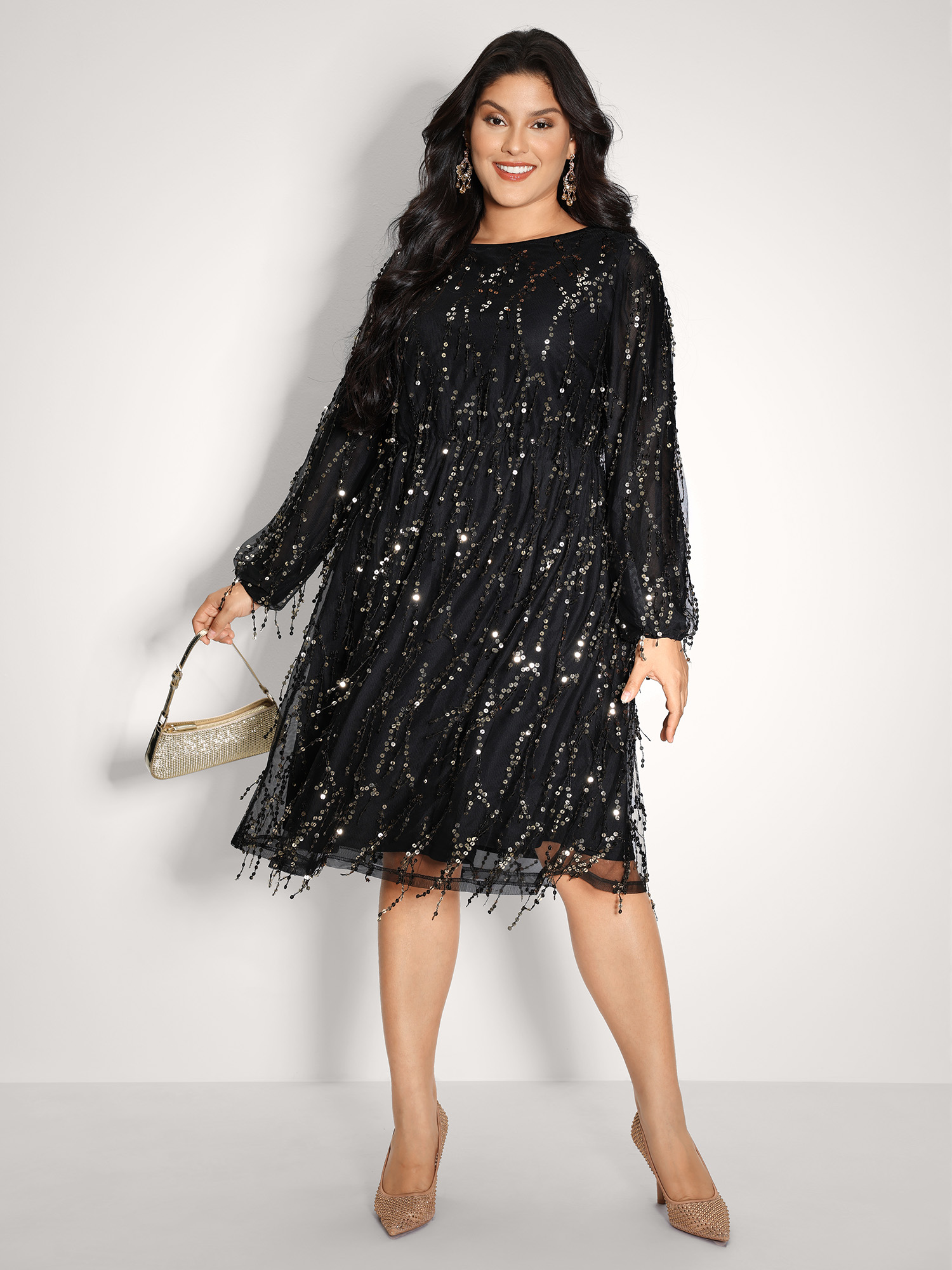 Side view of BloomChic Women's Plus Size Back Bow Tie Fringe Sequin Mini Dress Black Party Midi Ruched Round Neck 12/L