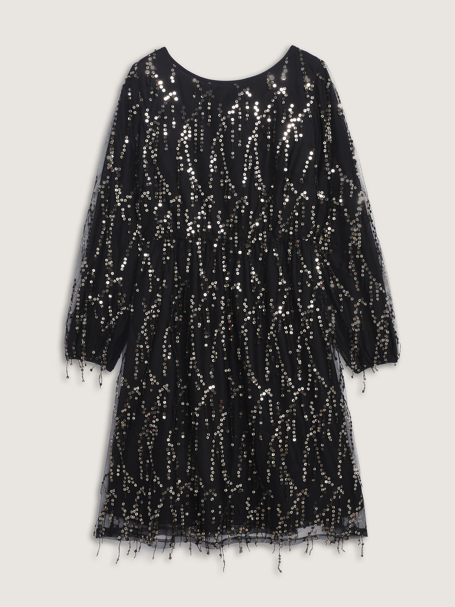 Side view of BloomChic Women's Plus Size Back Bow Tie Fringe Sequin Mini Dress Black Party Midi Ruched Round Neck 12/L