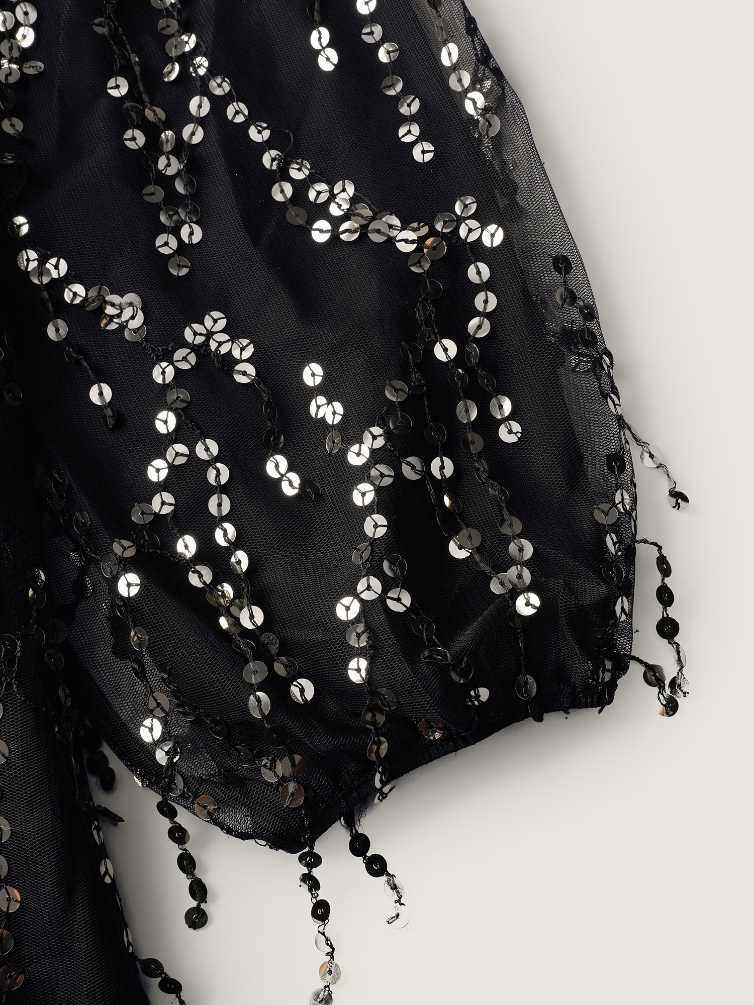 Side view of BloomChic Women's Plus Size Back Bow Tie Fringe Sequin Mini Dress Black Party Midi Ruched Round Neck 12/L