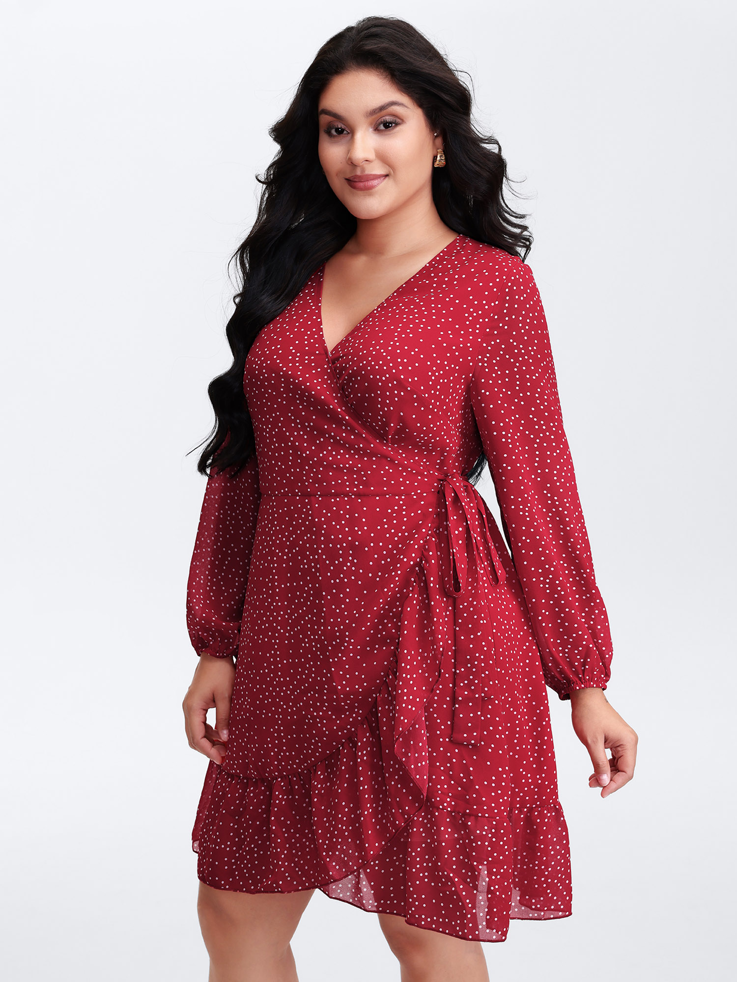 BloomChic Women's Plus Size Polka Dot Ruffle Hem Wrap Dress Scarlet Polka dots Short Everyday-Elegant Overlapping 18-20/2X