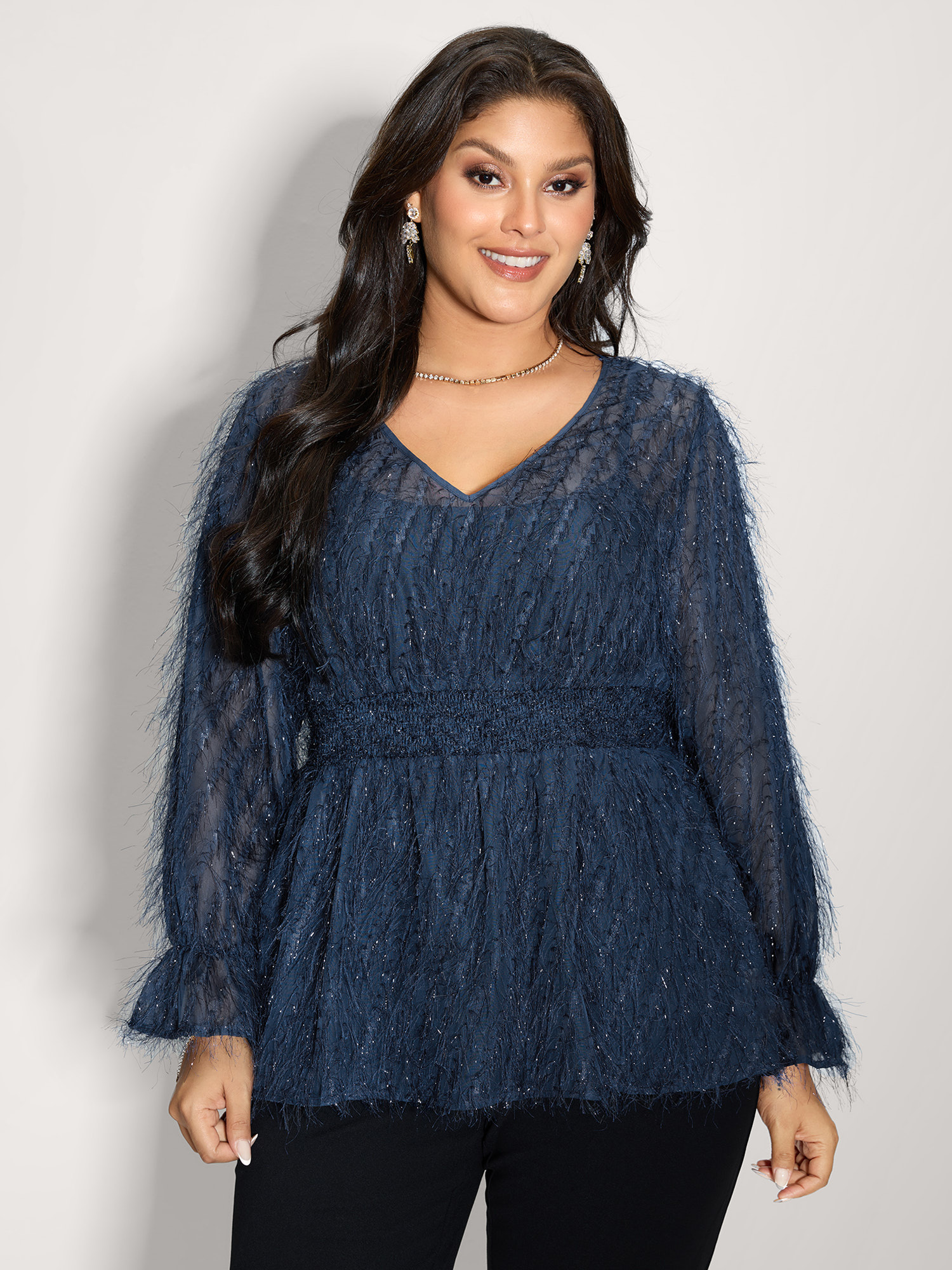 BloomChic Women's Plus Size Textured Shirred Waist Sheer Blouse Indigo Party 10/M