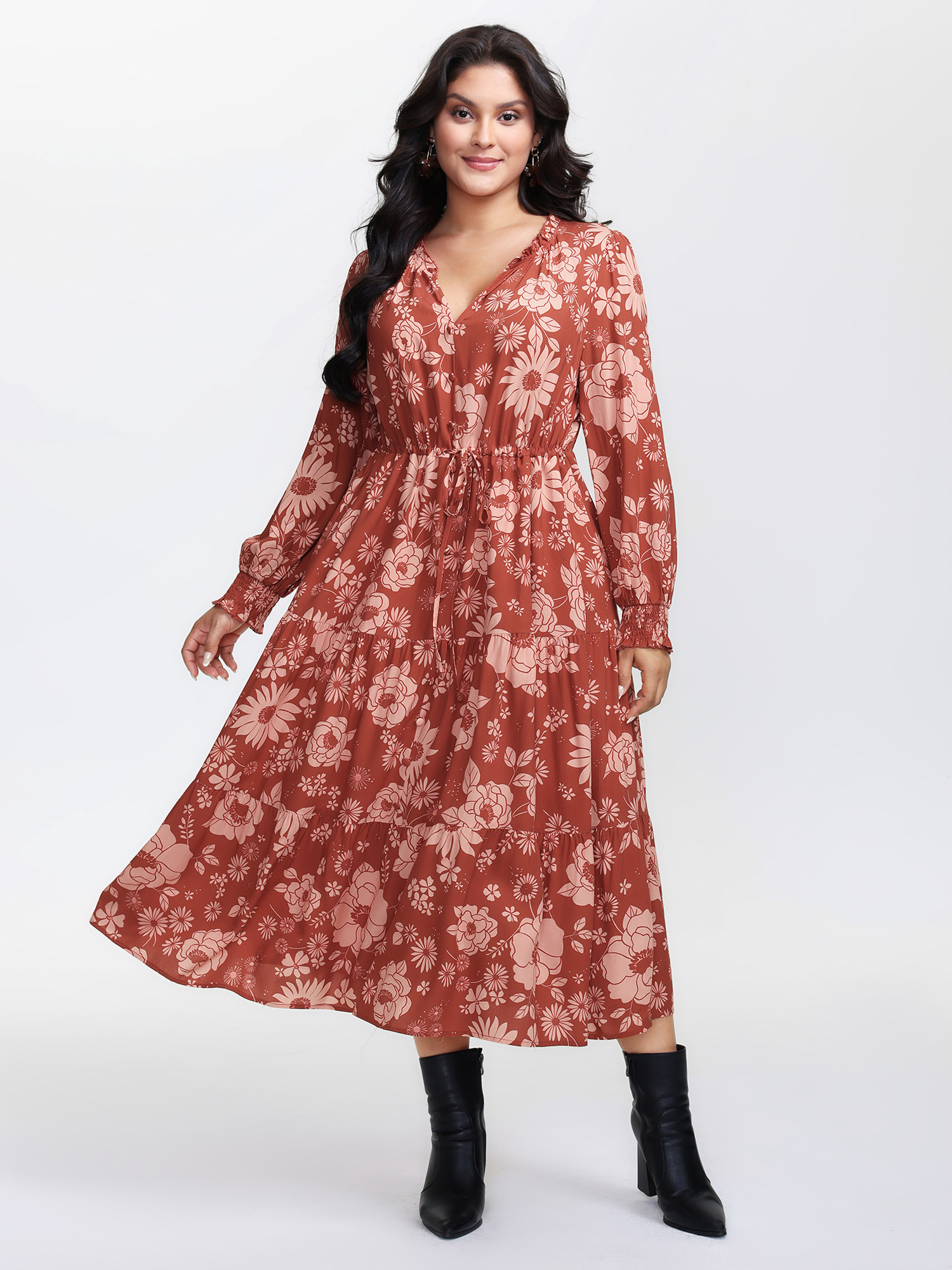 BloomChic Women's Plus Size Floral Print Adjustable Waist-Tie Maxi Dress OrangeRed Floral Midi Vacation 30/6X