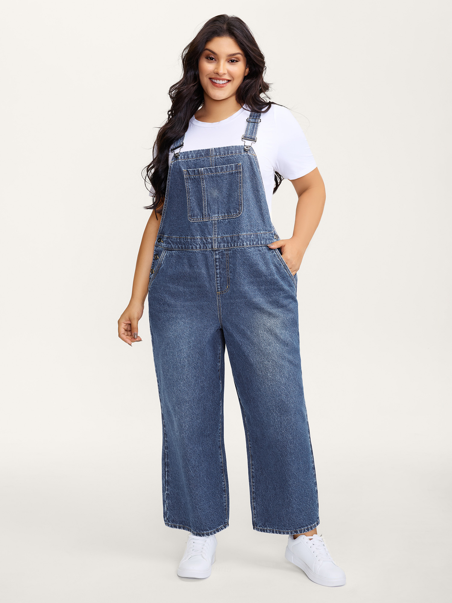 BloomChic Women's Plus Size Cotton Relaxed-Fit Side Button Overall Denim Jumpsuit Denimlightblue not graphics Casual Non No stretch 22/3X-image-47520529842346