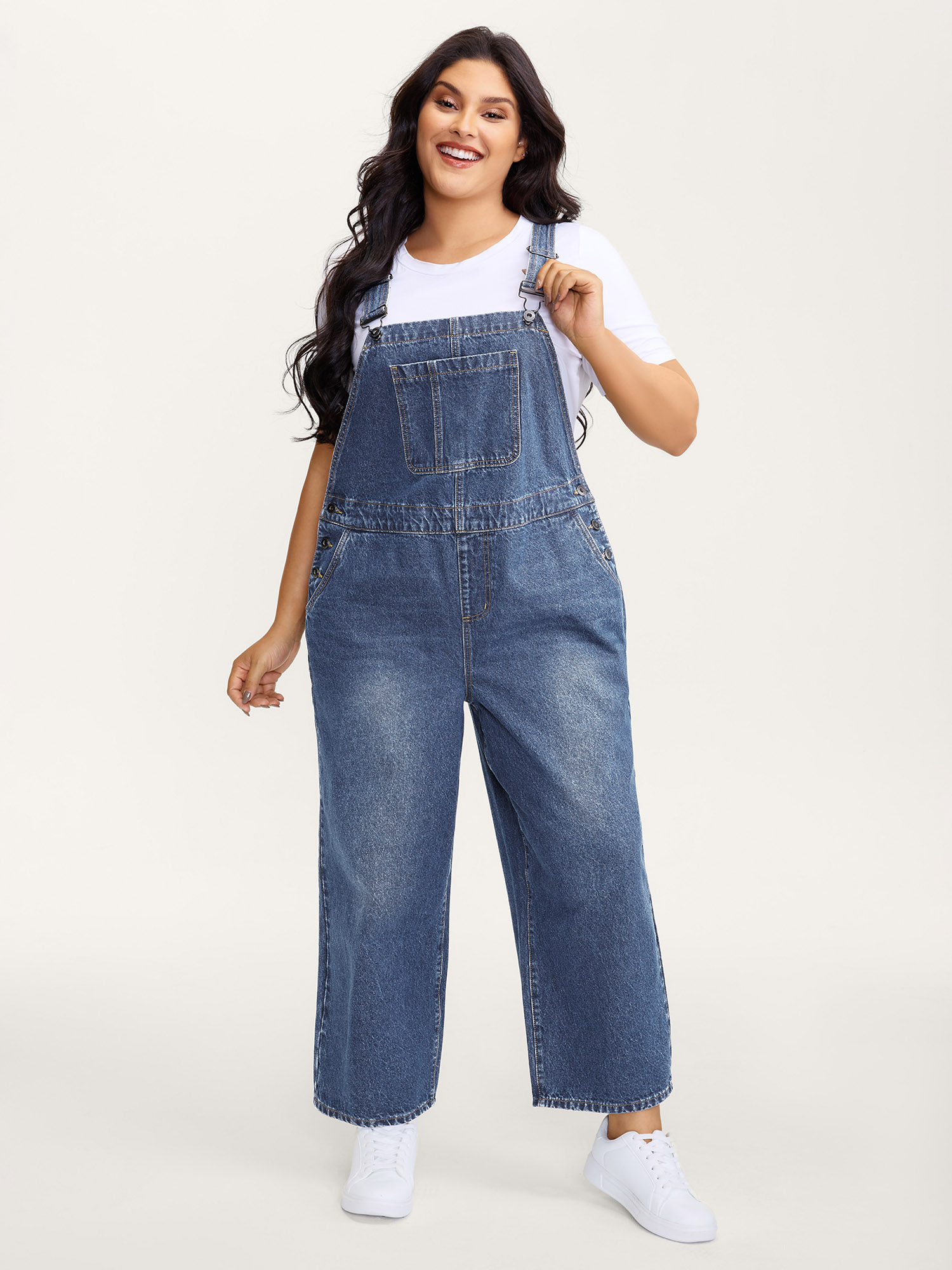 Side view of BloomChic Women's Plus Size Cotton Relaxed-Fit Side Button Overall Denim Jumpsuit Denimlightblue not graphics Casual Non No stretch 18/2X