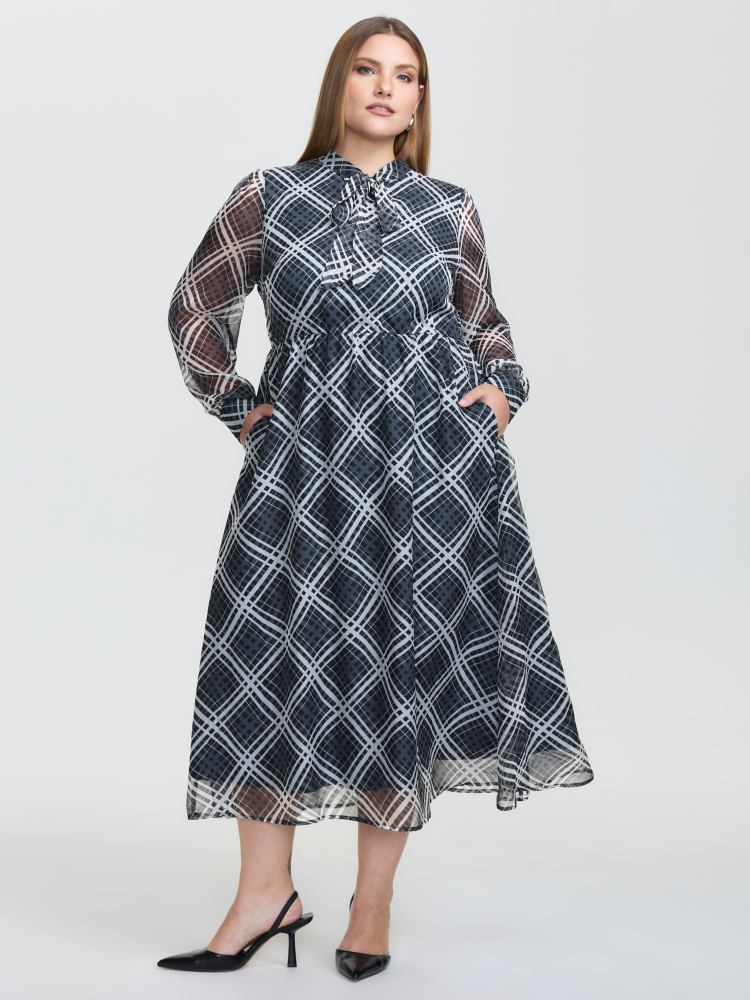 BloomChic Women's Plus Size Plaid Print Sheer Mesh Neck Tie Midi Dress Mediumblue Plaid Maxi Office 10/M