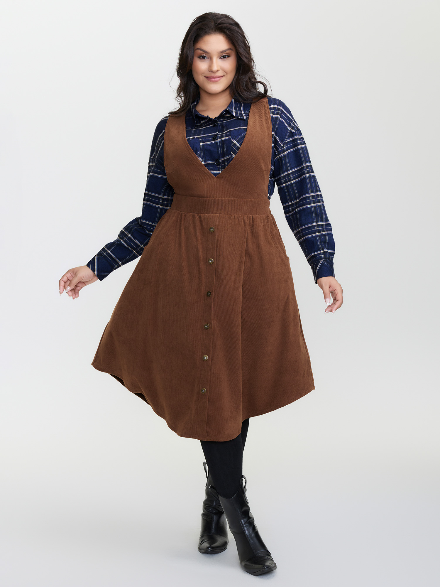 BloomChic Women's Plus Size Corduroy Deep V-Neck Adjustable Midi Dress Yellowishbrown Synthetic texture Midi Everyday-Casual Texture 10/M