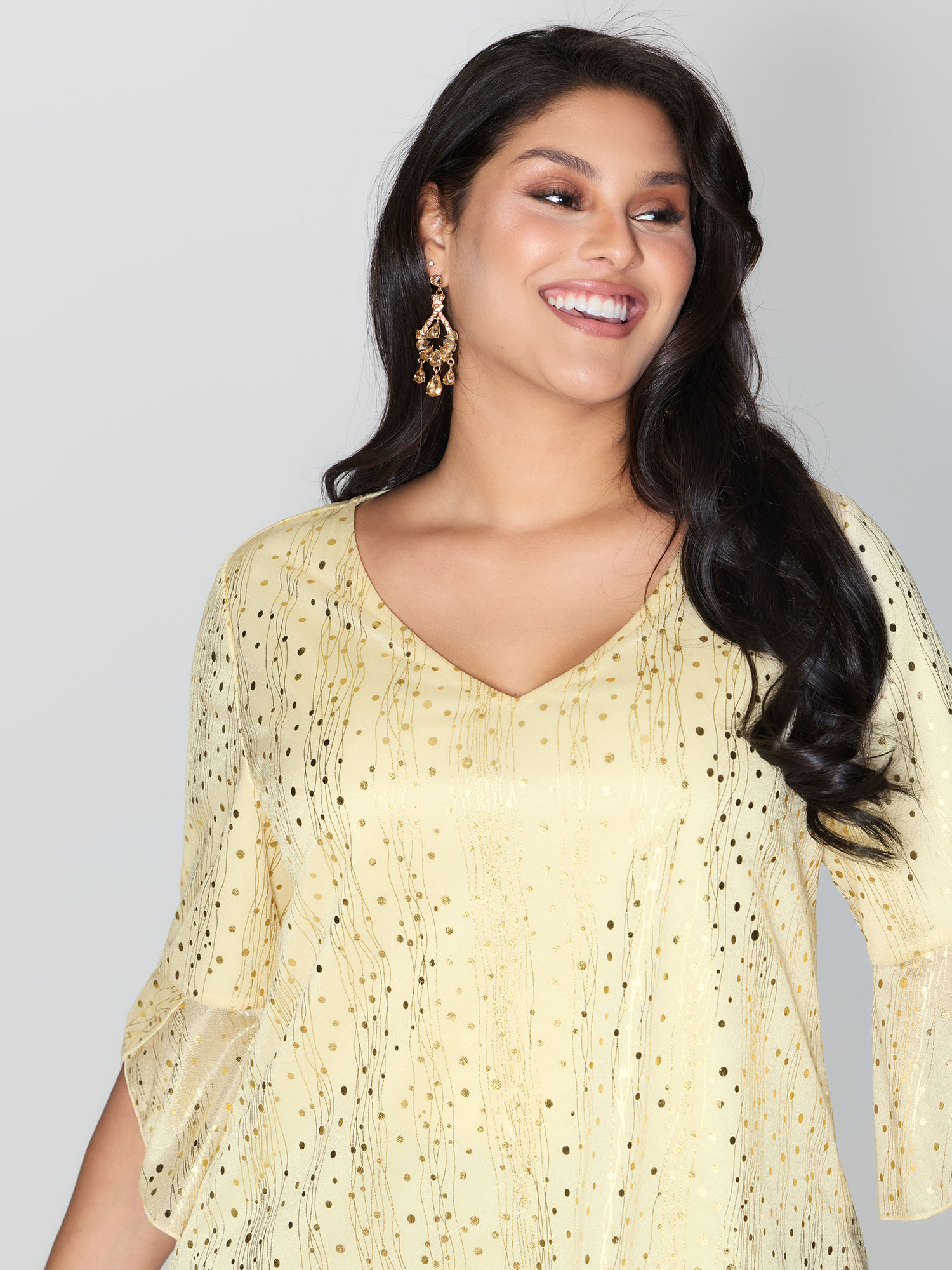 Bloomchic Gold Stamp Asymmetrical Sleeve Lined Top In Beige