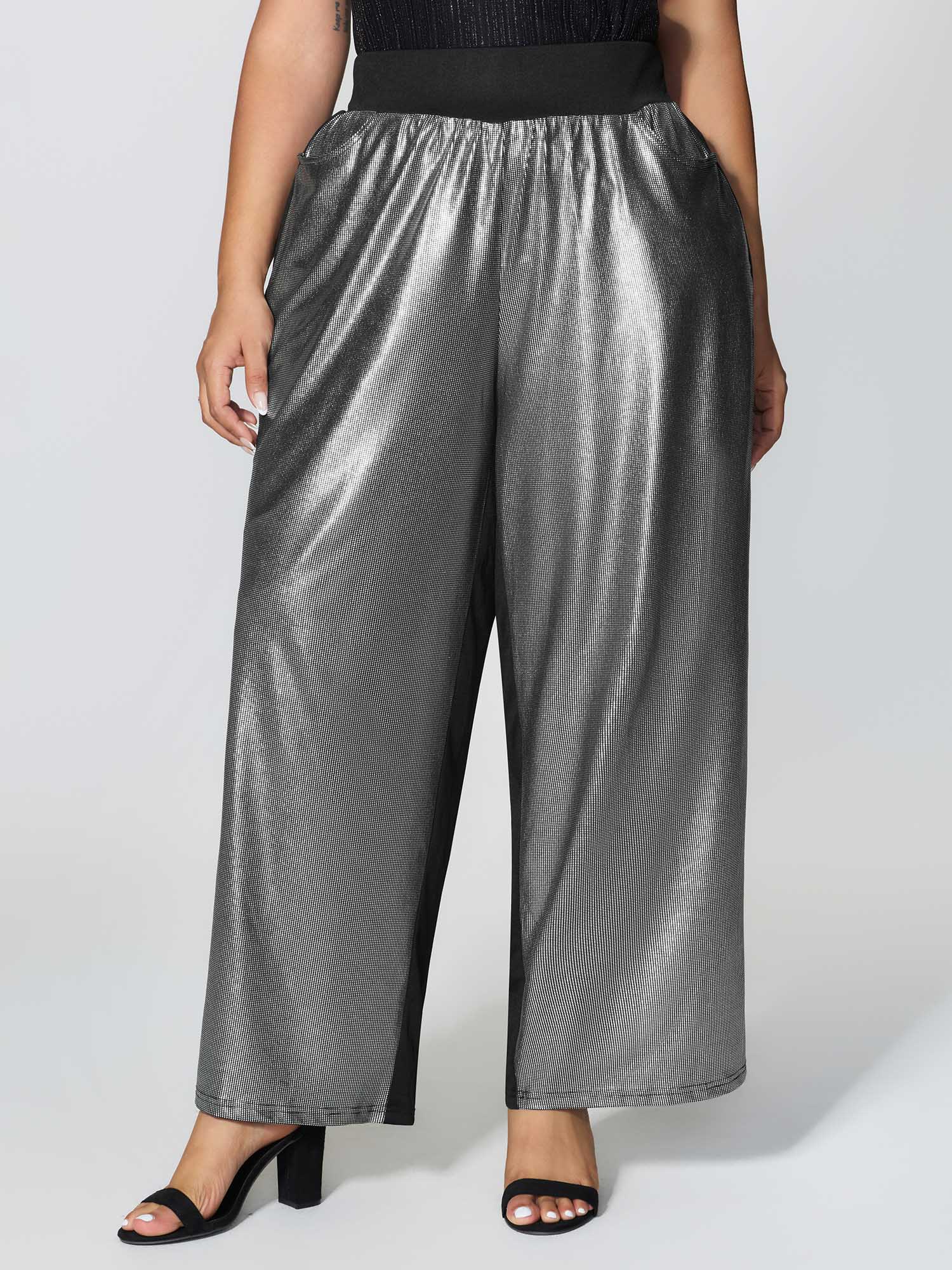 BloomChic Women's Plus Size Sequin Stretchy Color Contrast Pants Silver Wide leg Mid Rise 10/M