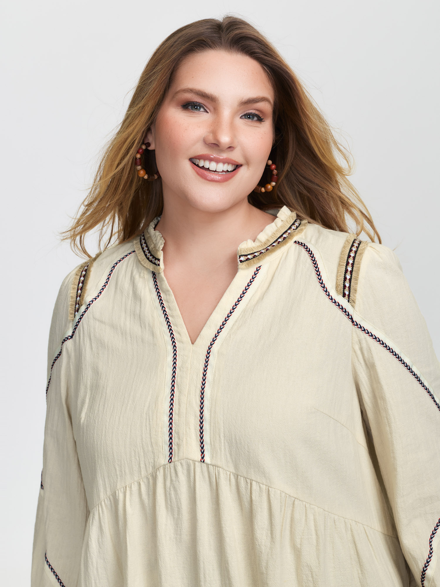 BloomChic Women's Plus Size Cotton Contrast Webbing Notched Collar Blouse Apricot Stripes Vacation Long Sleeve 10/M