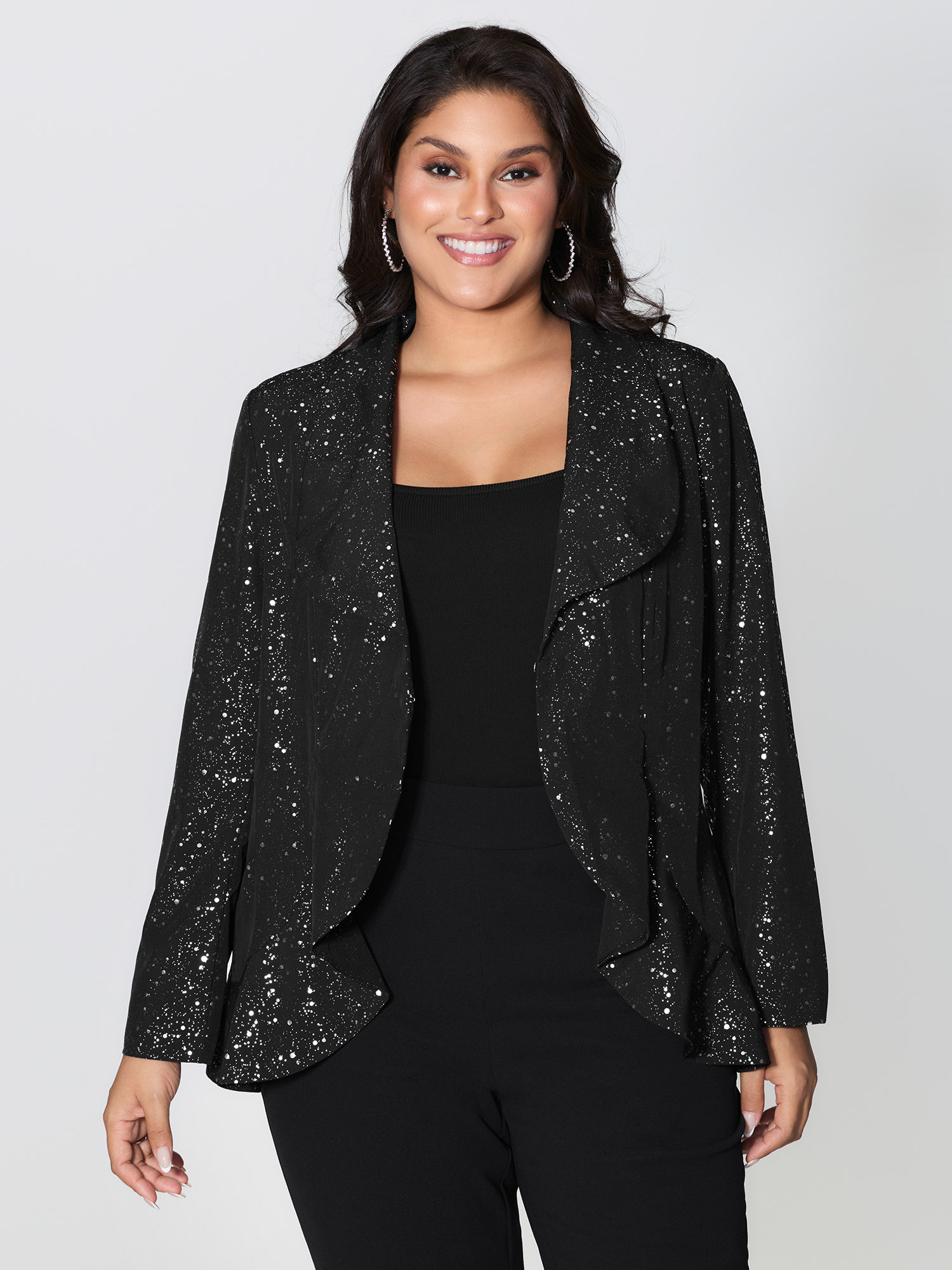 BloomChic Women's Plus Size Gold Stamped Ruffled Edge Open-Front Blazer Black not graphics Ruffles Sleeve Long Sleeve Shawl Collar 10/M-image-47490045739178