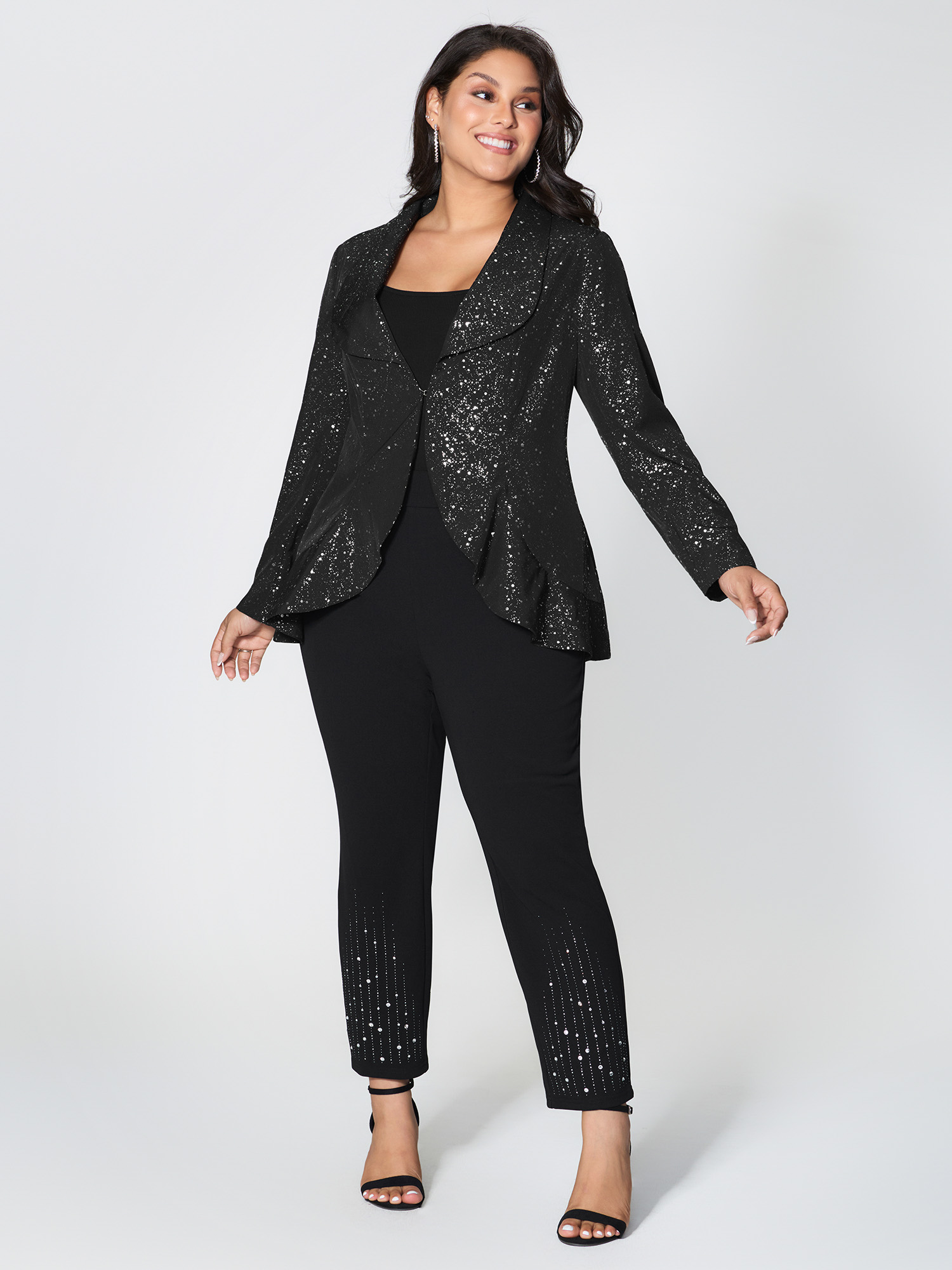 Side view of BloomChic Women's Plus Size Gold Stamped Ruffled Edge Open-Front Blazer Black not graphics Ruffles Sleeve Long Sleeve Shawl Collar 10/M