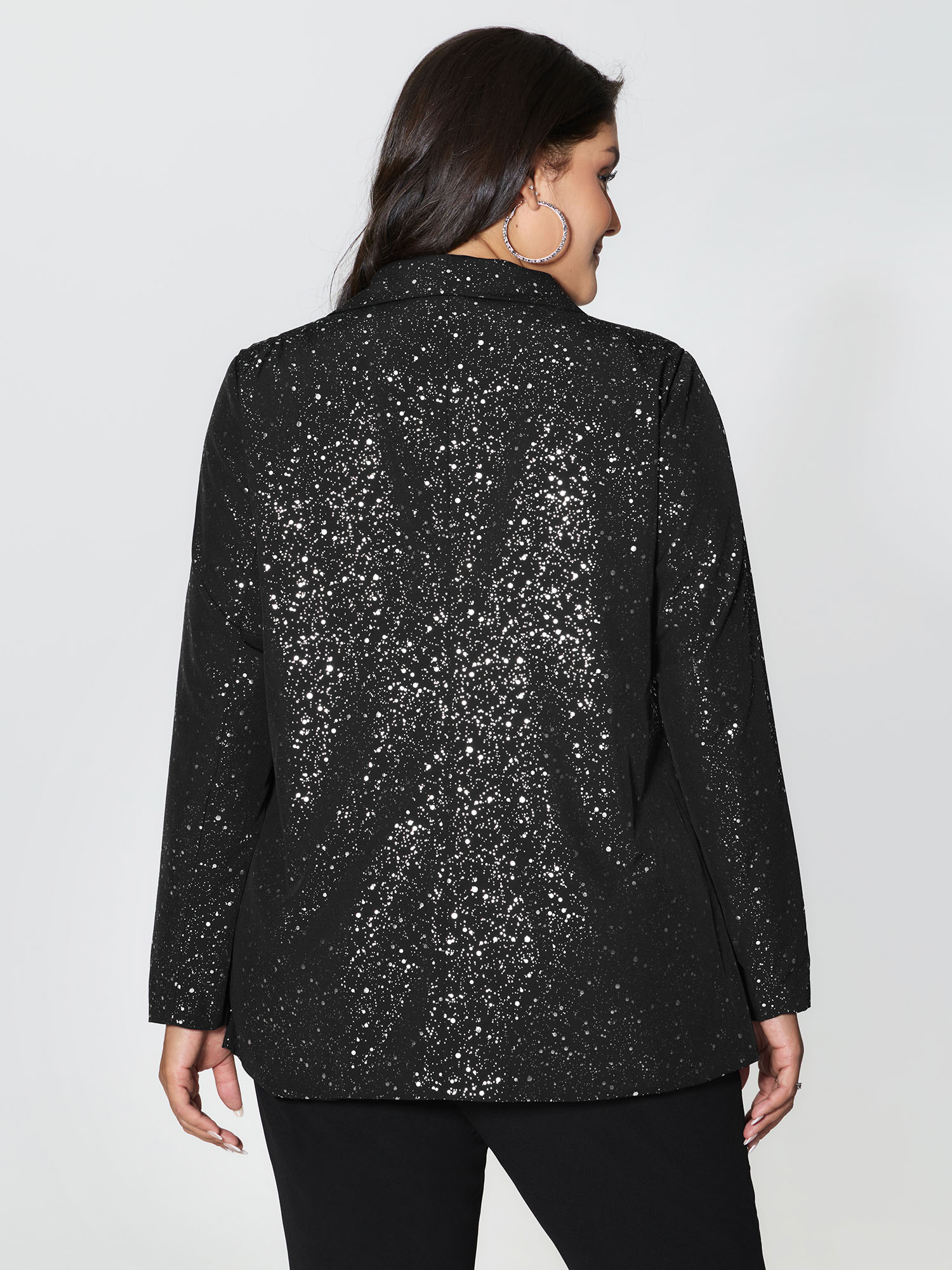 Side view of BloomChic Women's Plus Size Gold Stamped Ruffled Edge Open-Front Blazer Black not graphics Ruffles Sleeve Long Sleeve Shawl Collar 10/M