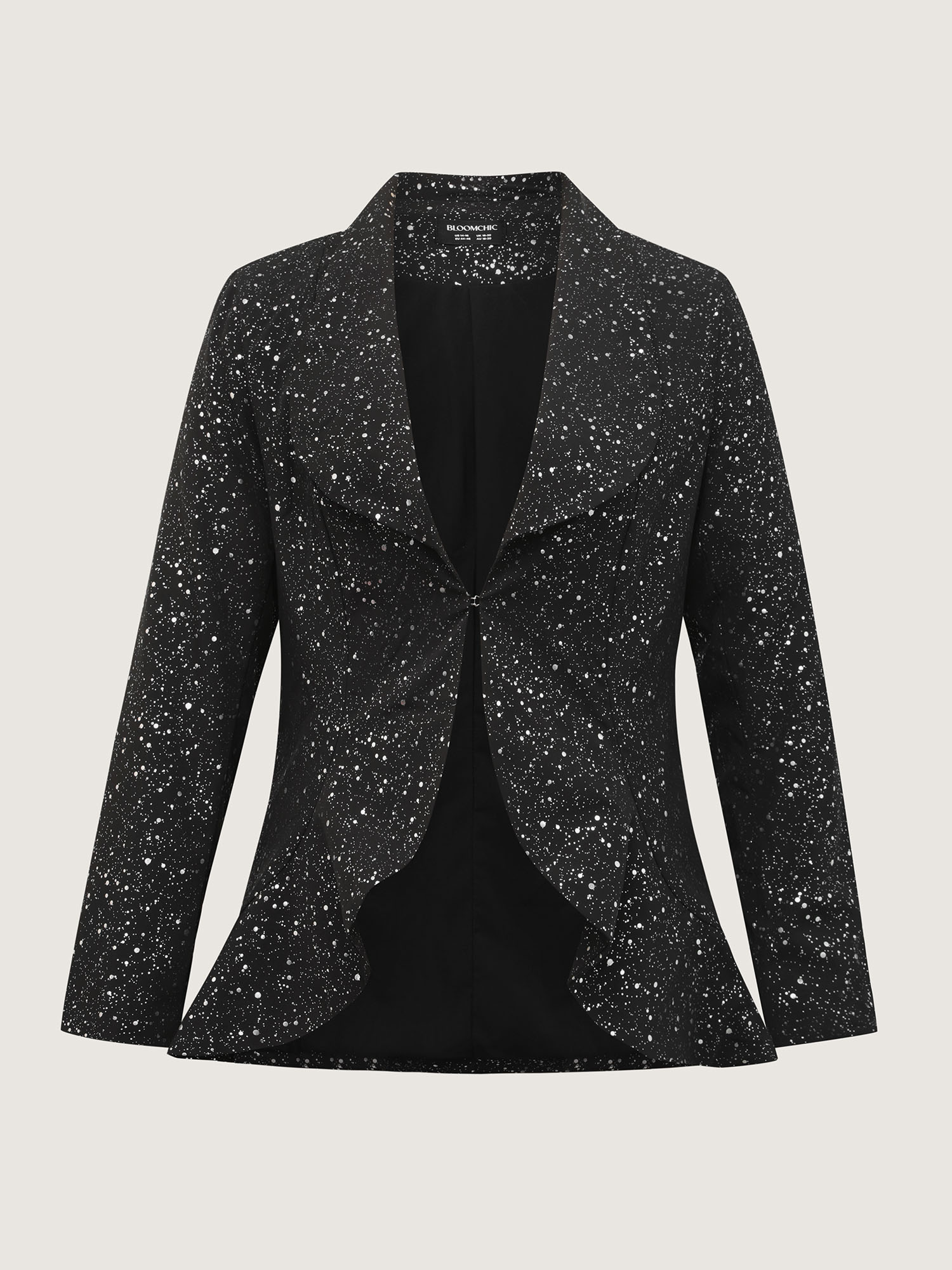 Side view of BloomChic Women's Plus Size Gold Stamped Ruffled Edge Open-Front Blazer Black not graphics Ruffles Sleeve Long Sleeve Shawl Collar 10/M