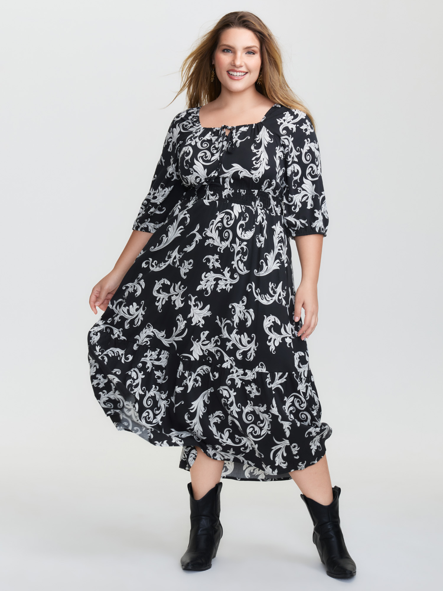 BloomChic Women's Plus Size Scroll Pattern Adjustable Drawstring Pockets Midi Dress BlackFlower Floral Midi Vacation 10/M