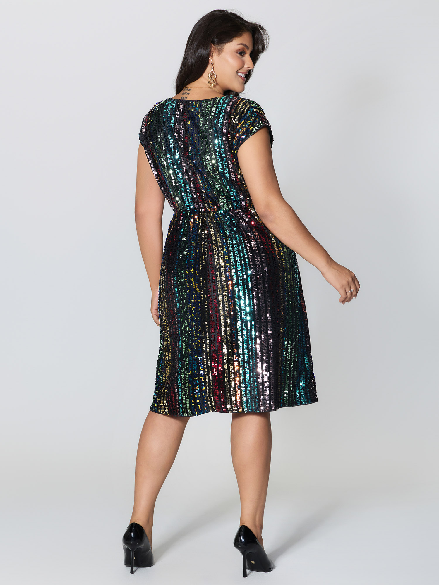 Side view of BloomChic Women's Plus Size Shimmery Sequin Stripe Cinched-Waist Mini Dress Multicolor Party Sequin 14-16/1X