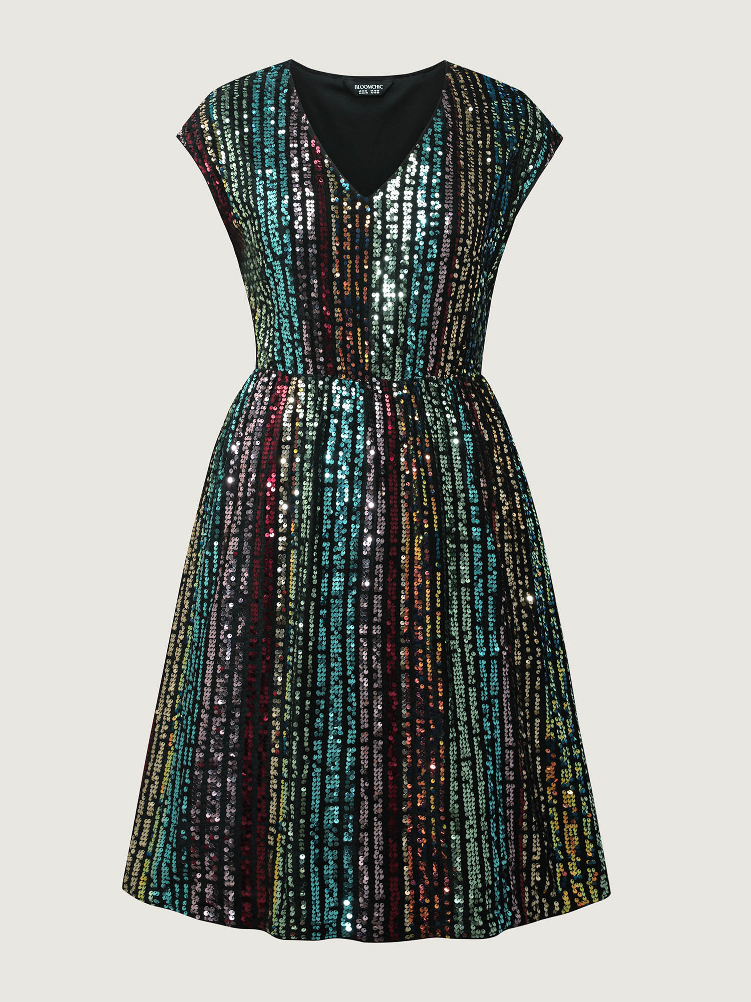 Side view of BloomChic Women's Plus Size Shimmery Sequin Stripe Cinched-Waist Mini Dress Multicolor Party Sequin 14-16/1X
