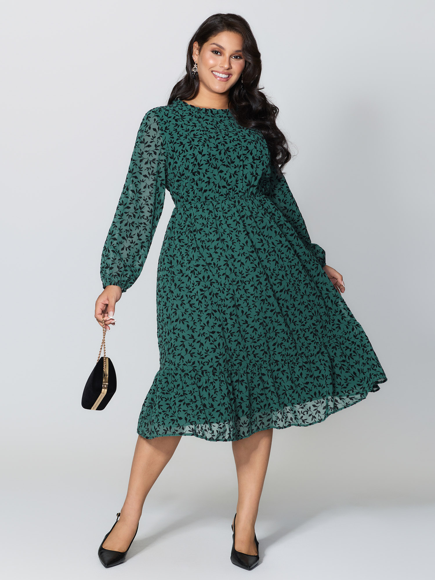 BloomChic Women's Plus Size Flocked Floral Shirred Ruffled Neck Midi Dress Teal Elegant Midi Ruched Round Neck 14-16/1X-image-47495559250090