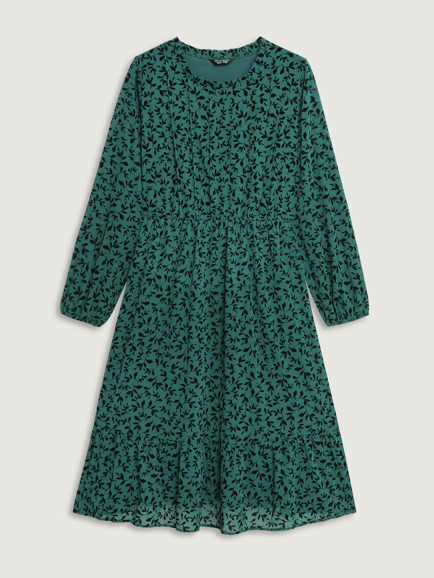 Side view of BloomChic Women's Plus Size Flocked Floral Shirred Ruffled Neck Midi Dress Teal Elegant Midi Ruched Round Neck 30/6X