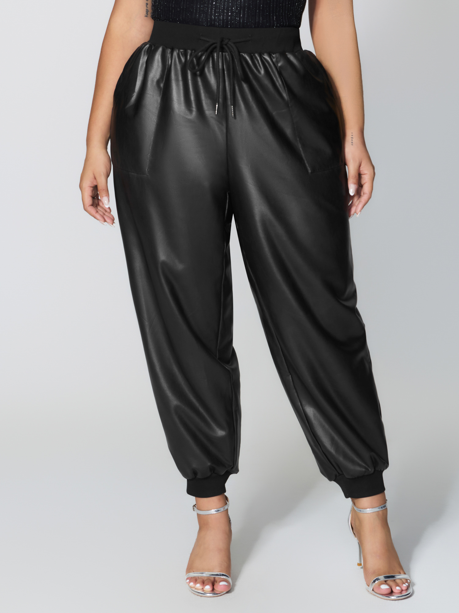 BloomChic Women's Plus Size Ribbed Trim Spliced Leather Drawstring Pants Black Mid Rise 18-20/2X