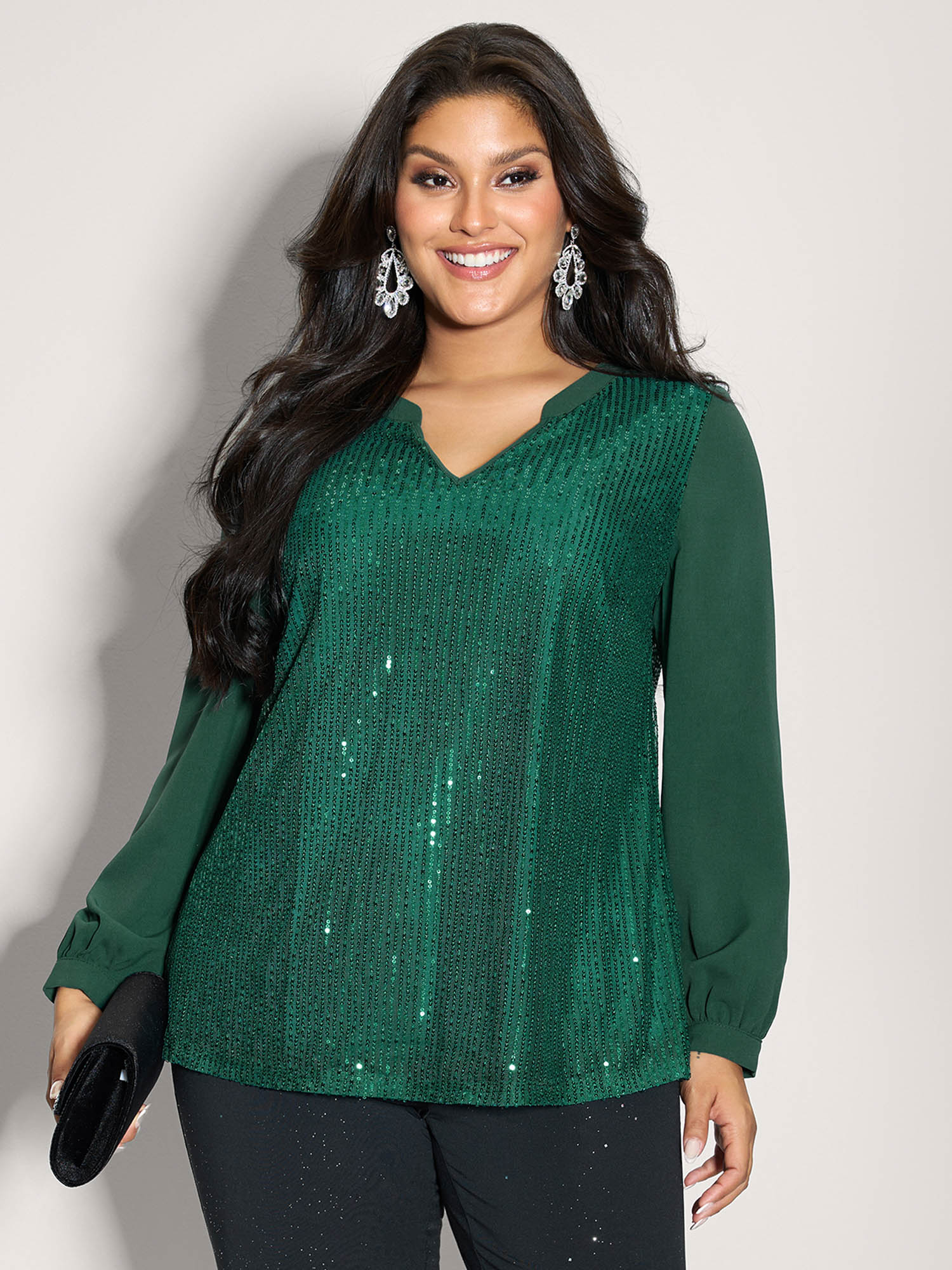 BloomChic Women's Plus Size Shimmery Sequin Notched Collar Blouse DarkGreen Else Occasion Long Sleeve V-Notch Neck 18-20/2X