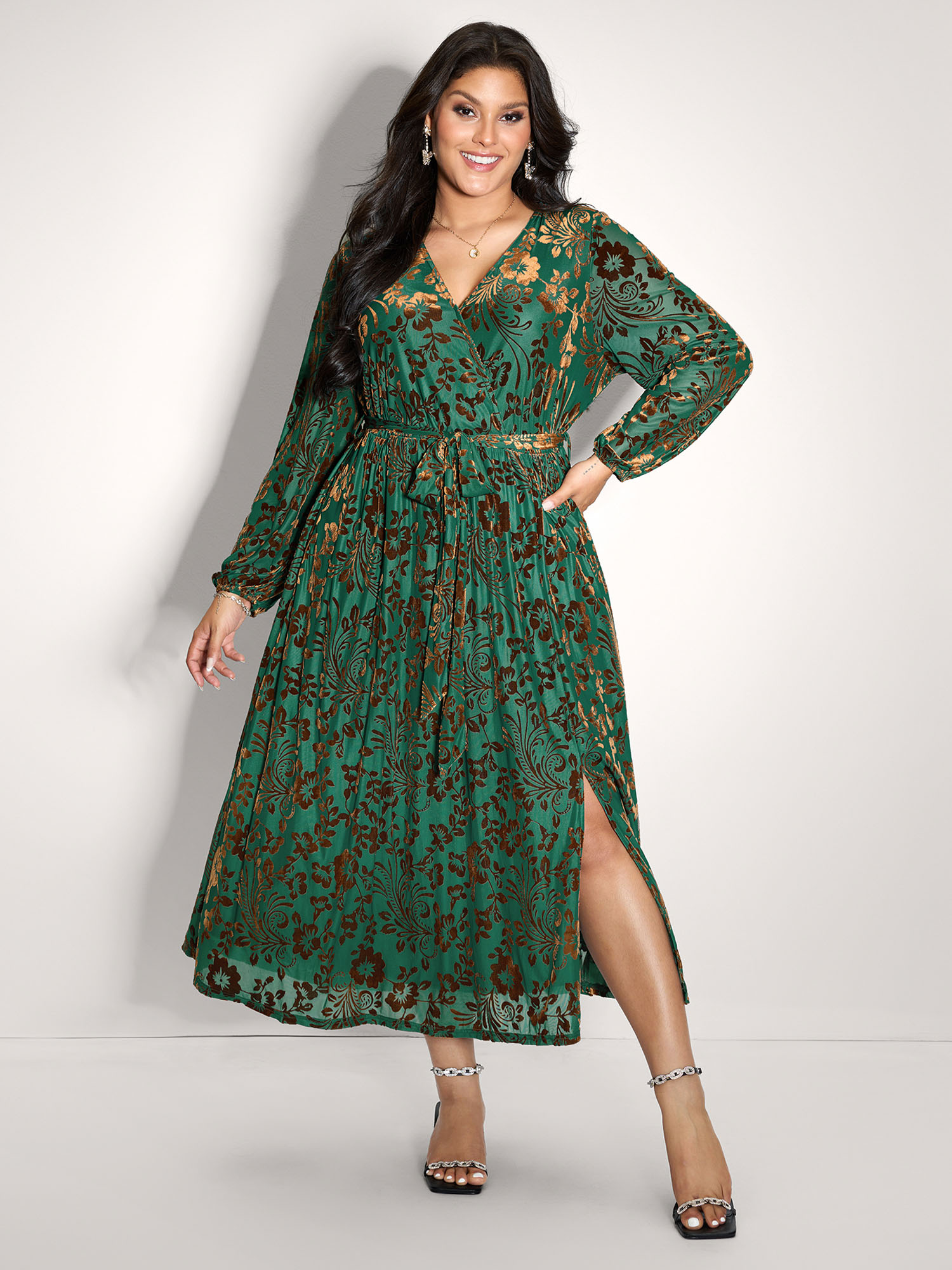 BloomChic Women's Plus Size Laser-Cut Velvet Waist-Tie Maxi Dress Teal Ditsy Floral Maxi Occasion Wrap / Overlap 10/M