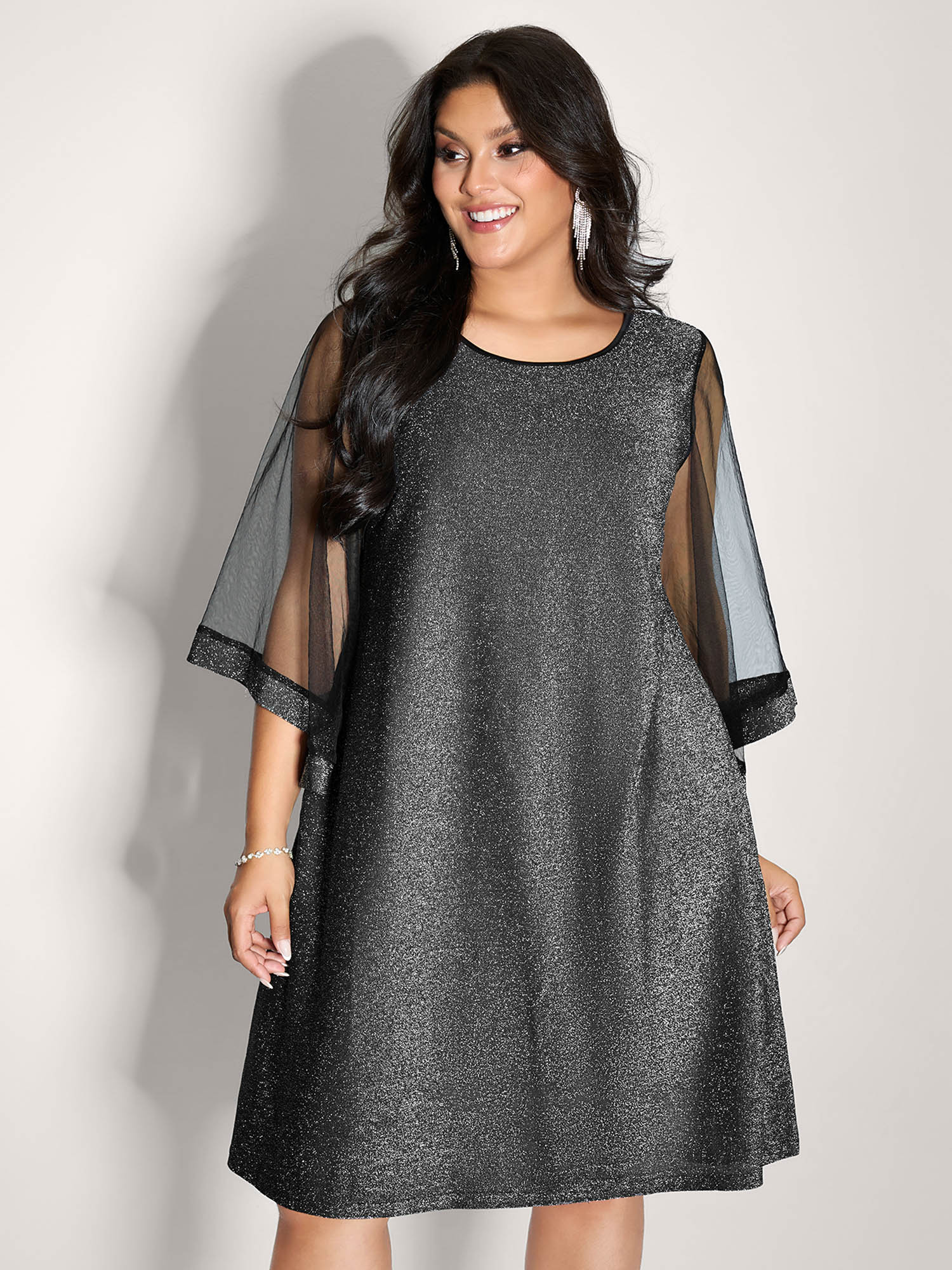 BloomChic Women's Plus Size Lurex Pockets Lined Sheer Sleeve Midi Dress Silver Party Short 28/5X-image-47490032337066