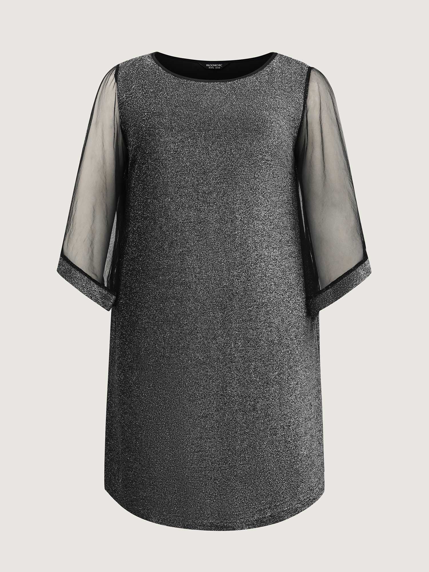 Side view of BloomChic Women's Plus Size Lurex Pockets Lined Sheer Sleeve Midi Dress Silver Party Short 14-16/1X