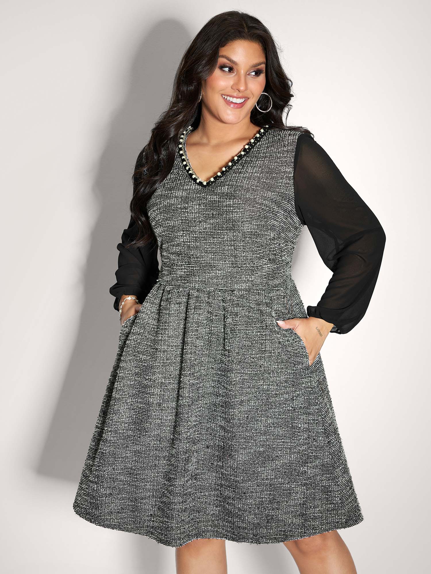 Side view of BloomChic Women's Plus Size Tweed Pearl Collar Semi-Sheer Midi Dress Black Party Knee 12/L