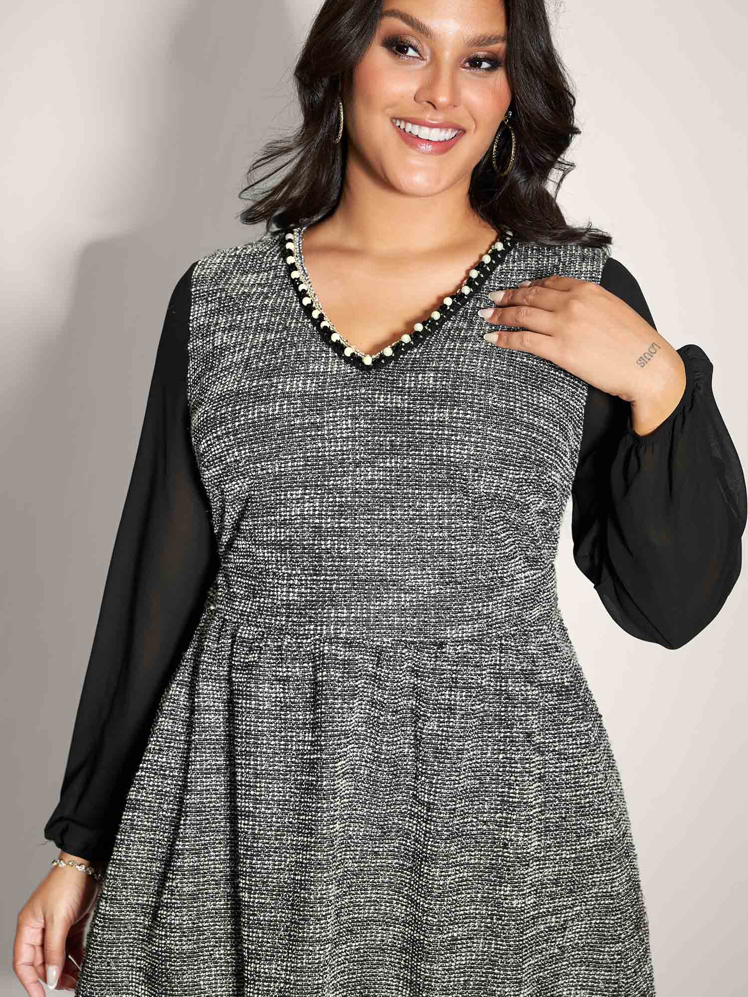 Side view of BloomChic Women's Plus Size Tweed Pearl Collar Semi-Sheer Midi Dress Black Party Knee 12/L