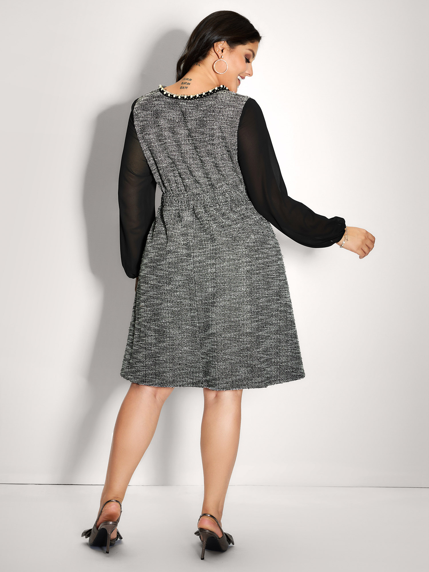Side view of BloomChic Women's Plus Size Tweed Pearl Collar Semi-Sheer Midi Dress Black Party Knee 12/L
