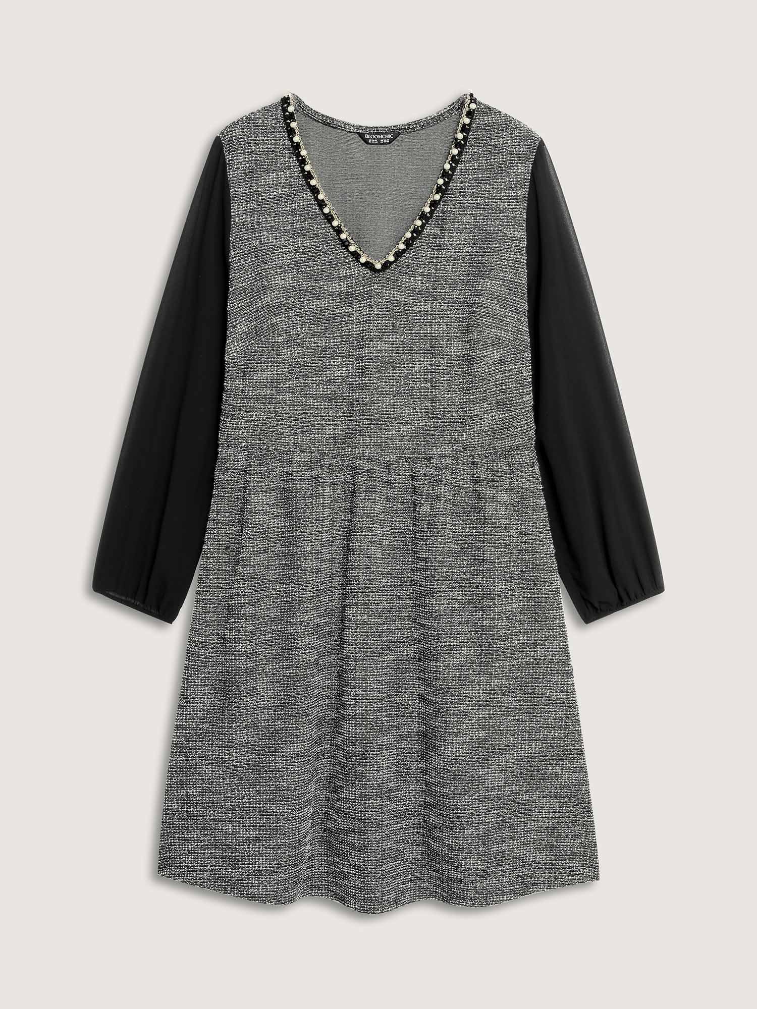 Side view of BloomChic Women's Plus Size Tweed Pearl Collar Semi-Sheer Midi Dress Black Party Knee 12/L