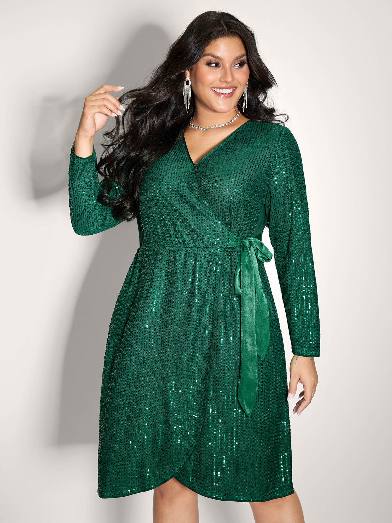 BloomChic Women's Plus Size Sequin Wrap Neck Spliced Midi Dress Teal Party V-Neck 12/L-image-47490036072618