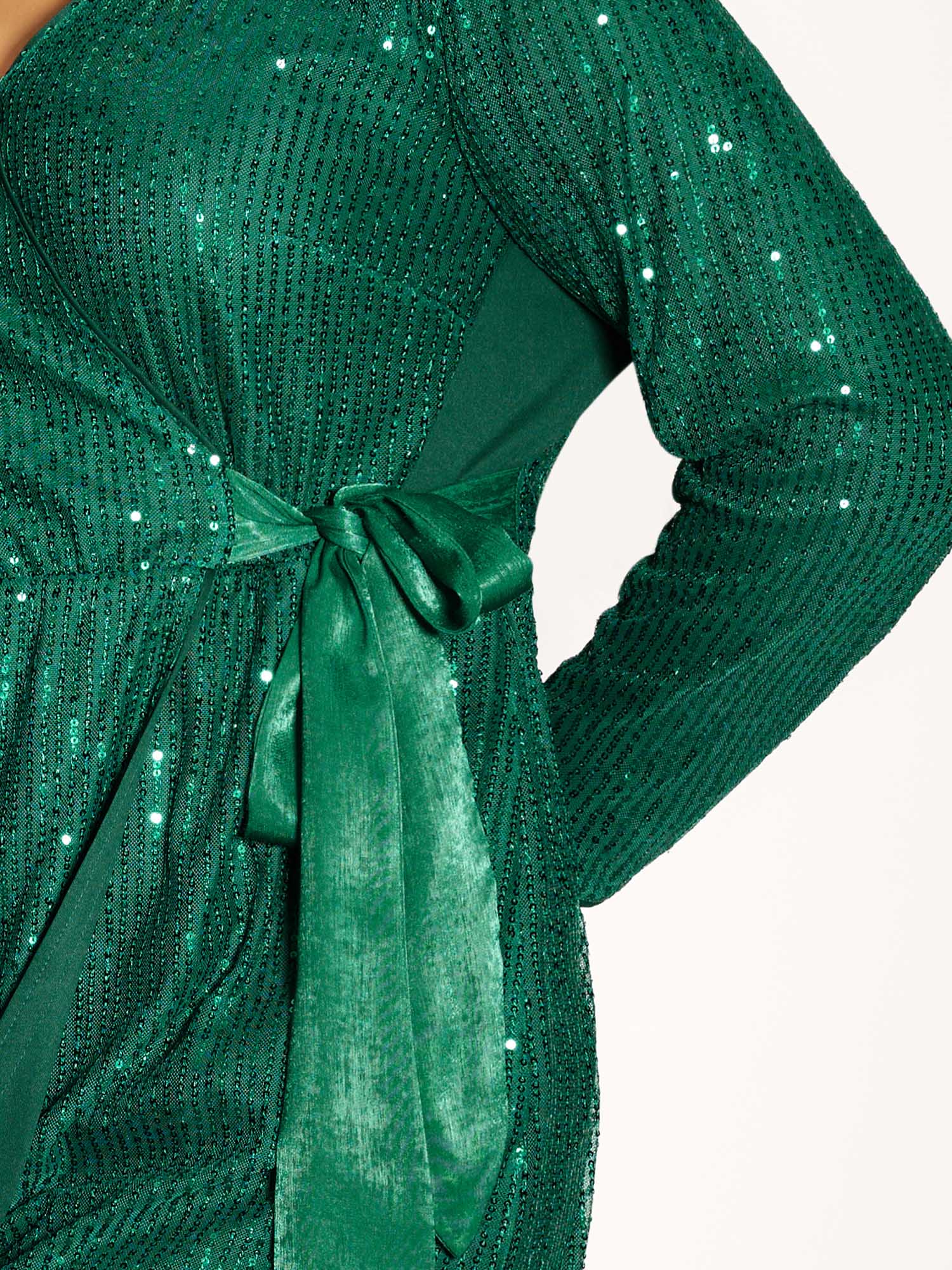 Side view of BloomChic Women's Plus Size Sequin Wrap Neck Spliced Midi Dress Teal Party V-Neck 30/6X