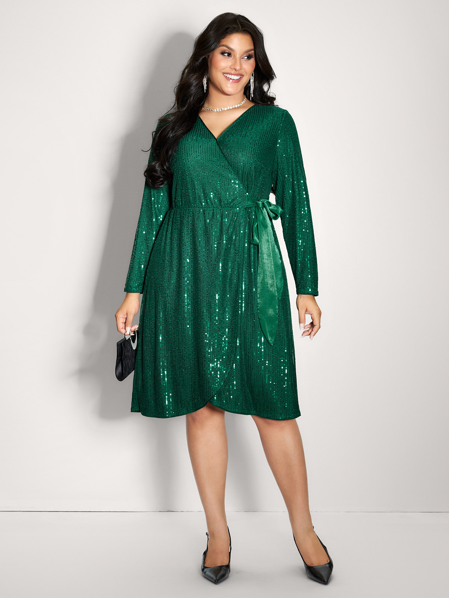 Side view of BloomChic Women's Plus Size Sequin Wrap Neck Spliced Midi Dress Teal Party V-Neck 30/6X