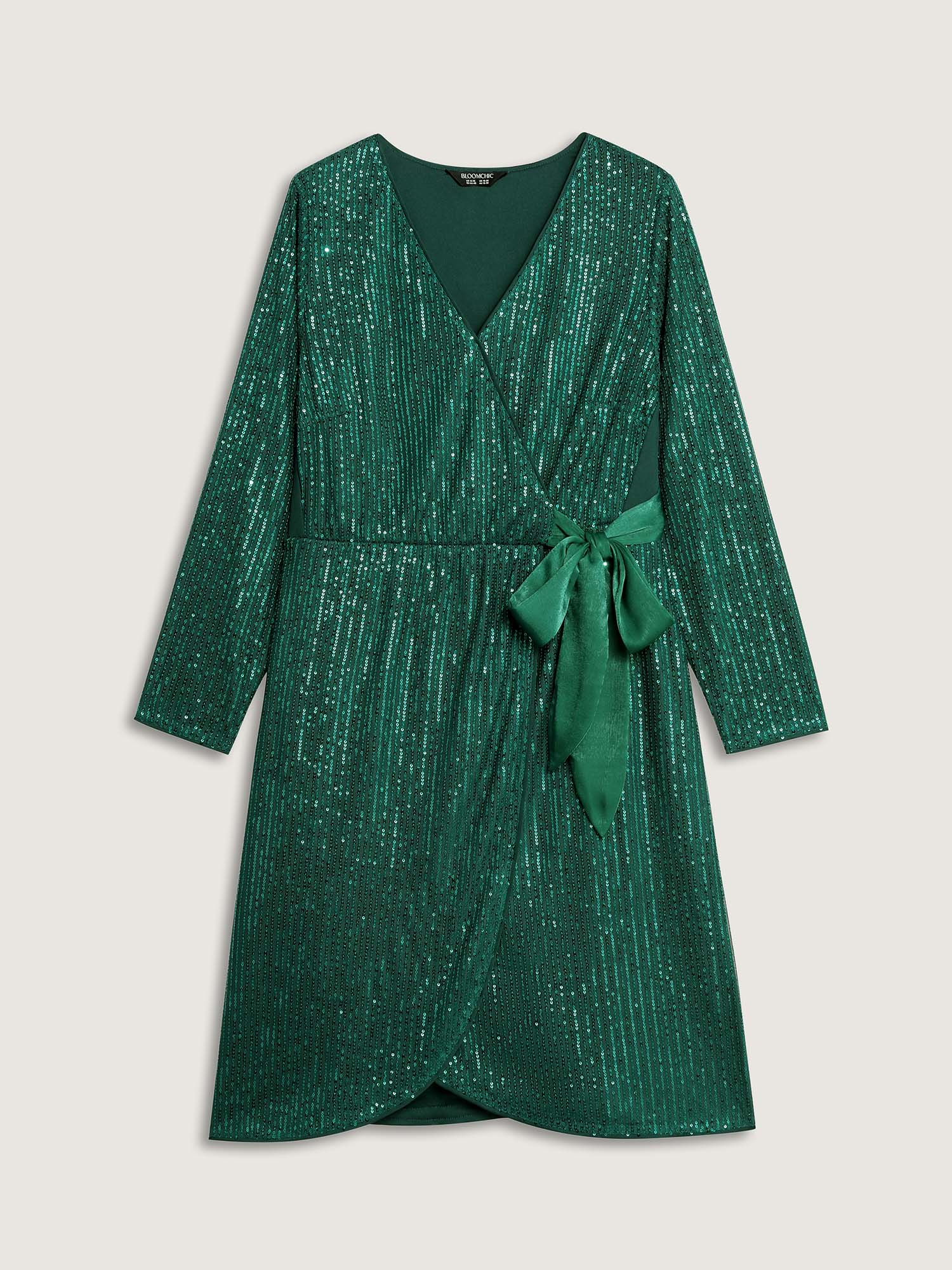 Side view of BloomChic Women's Plus Size Sequin Wrap Neck Spliced Midi Dress Teal Party V-Neck 30/6X