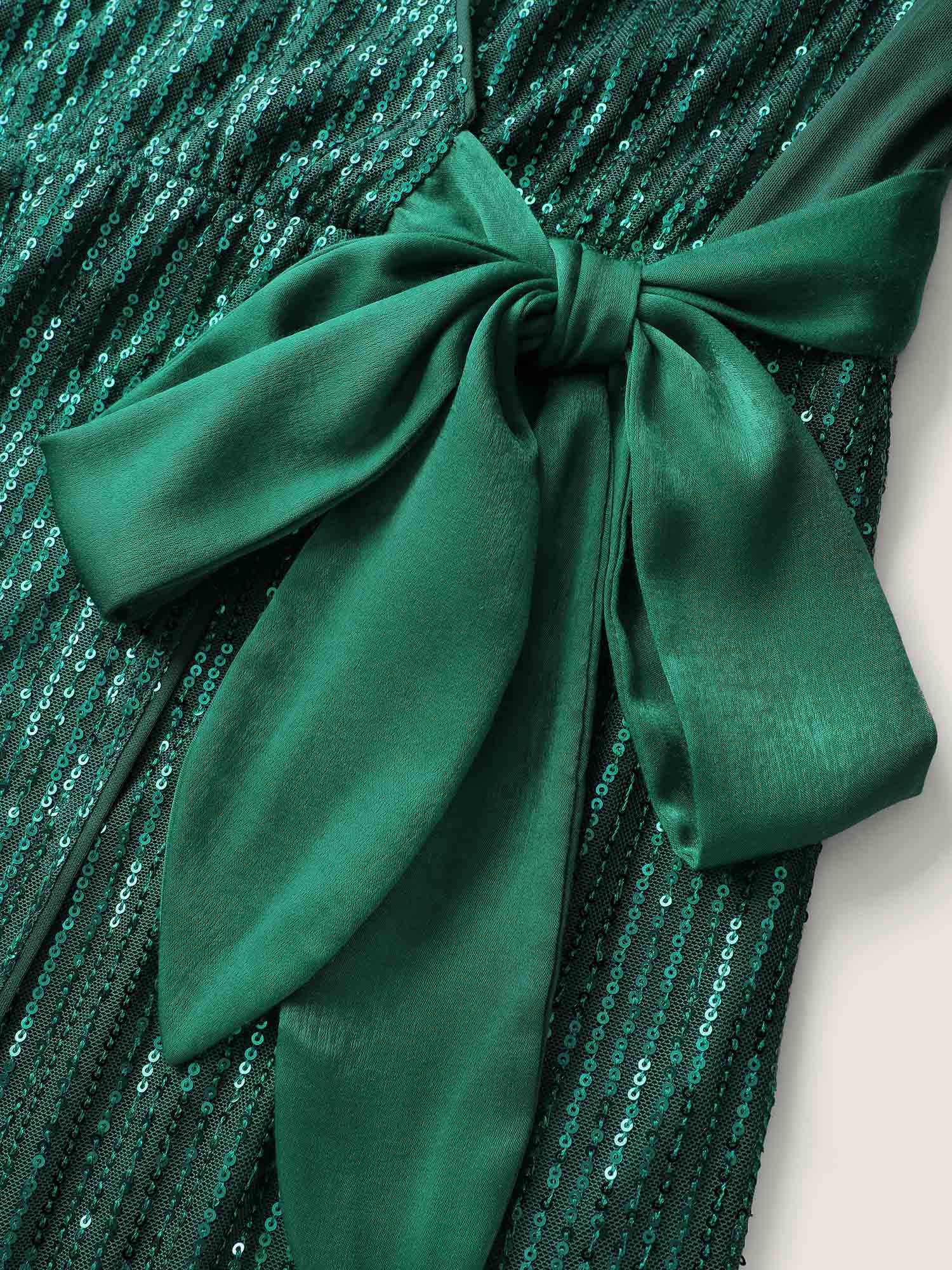 Side view of BloomChic Women's Plus Size Sequin Wrap Neck Spliced Midi Dress Teal Party V-Neck 30/6X