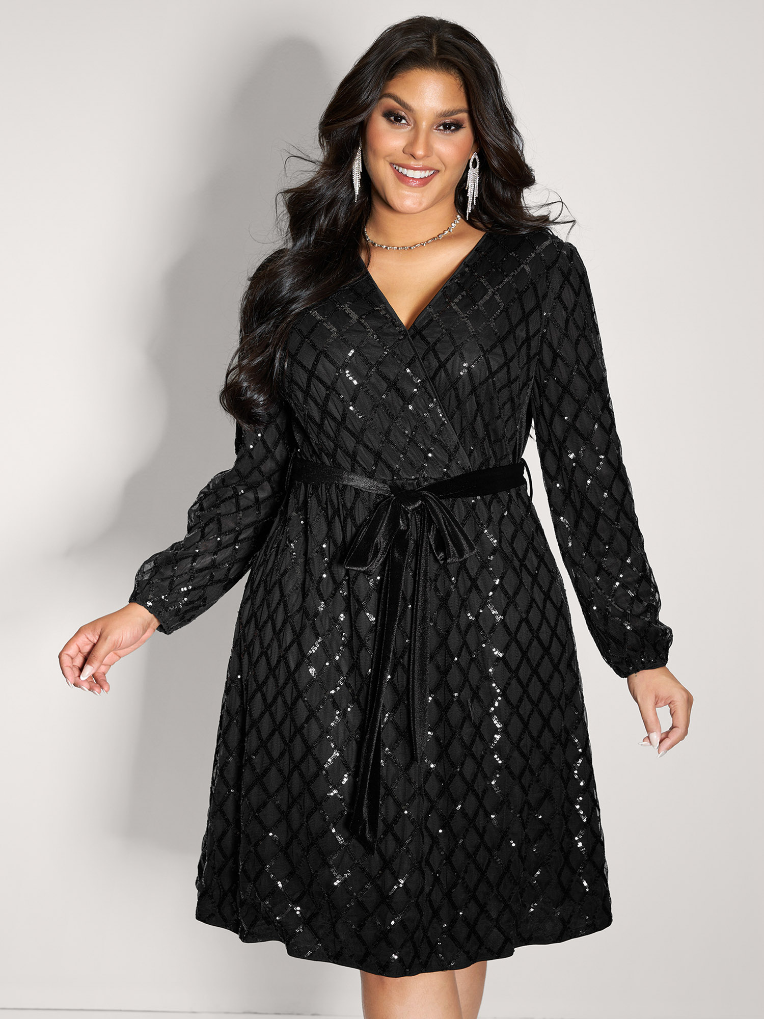 BloomChic Women's Plus Size Sheer Sequin Belted Stretchy Waist Midi Dress Black Party 22-24/3X-image-47490036564138