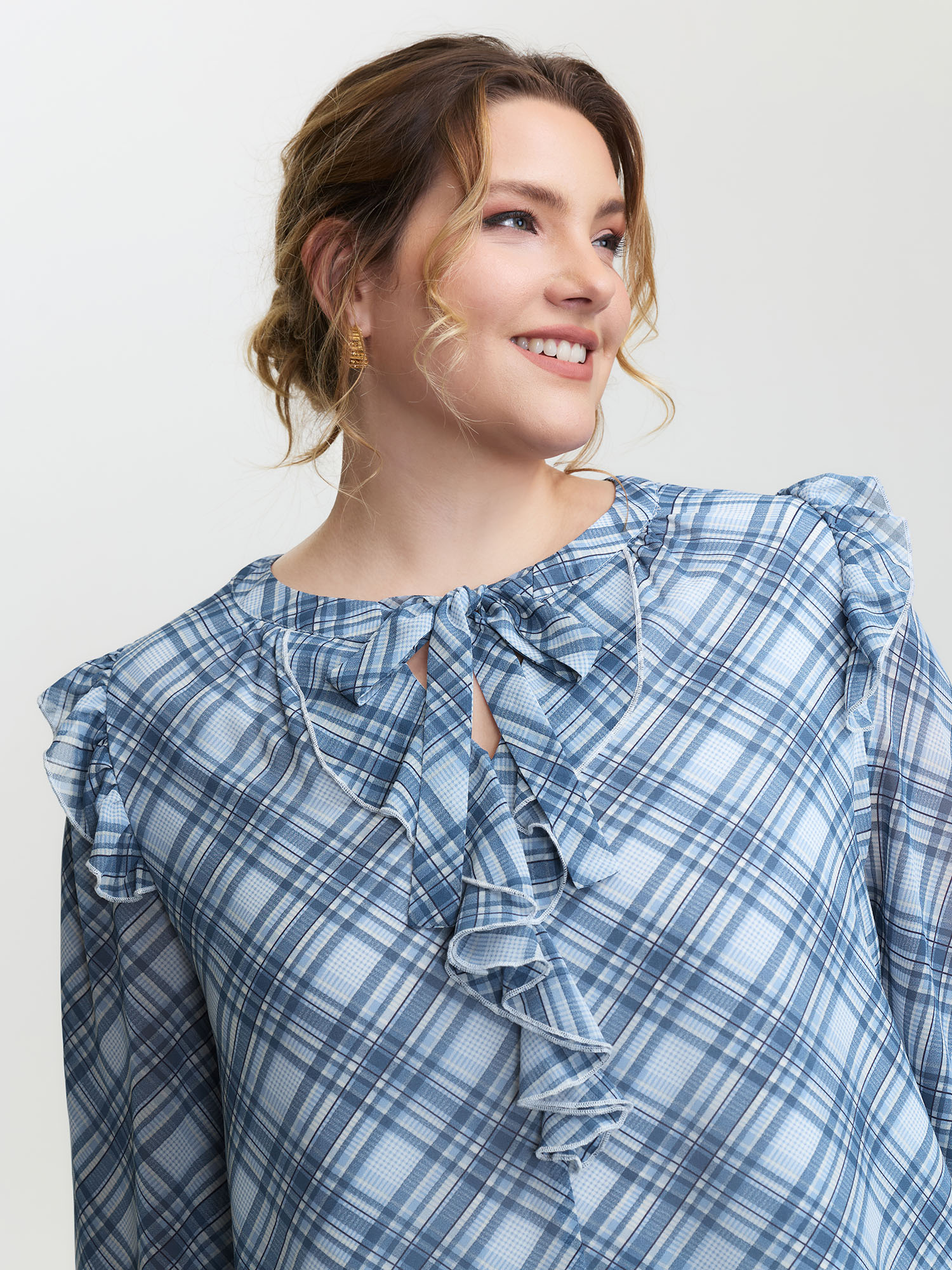 BloomChic Women's Plus Size Plaid Print Sheer Ruffled Blouse Stone Plaid Everyday-Elegant Long Sleeve 18-20/2X