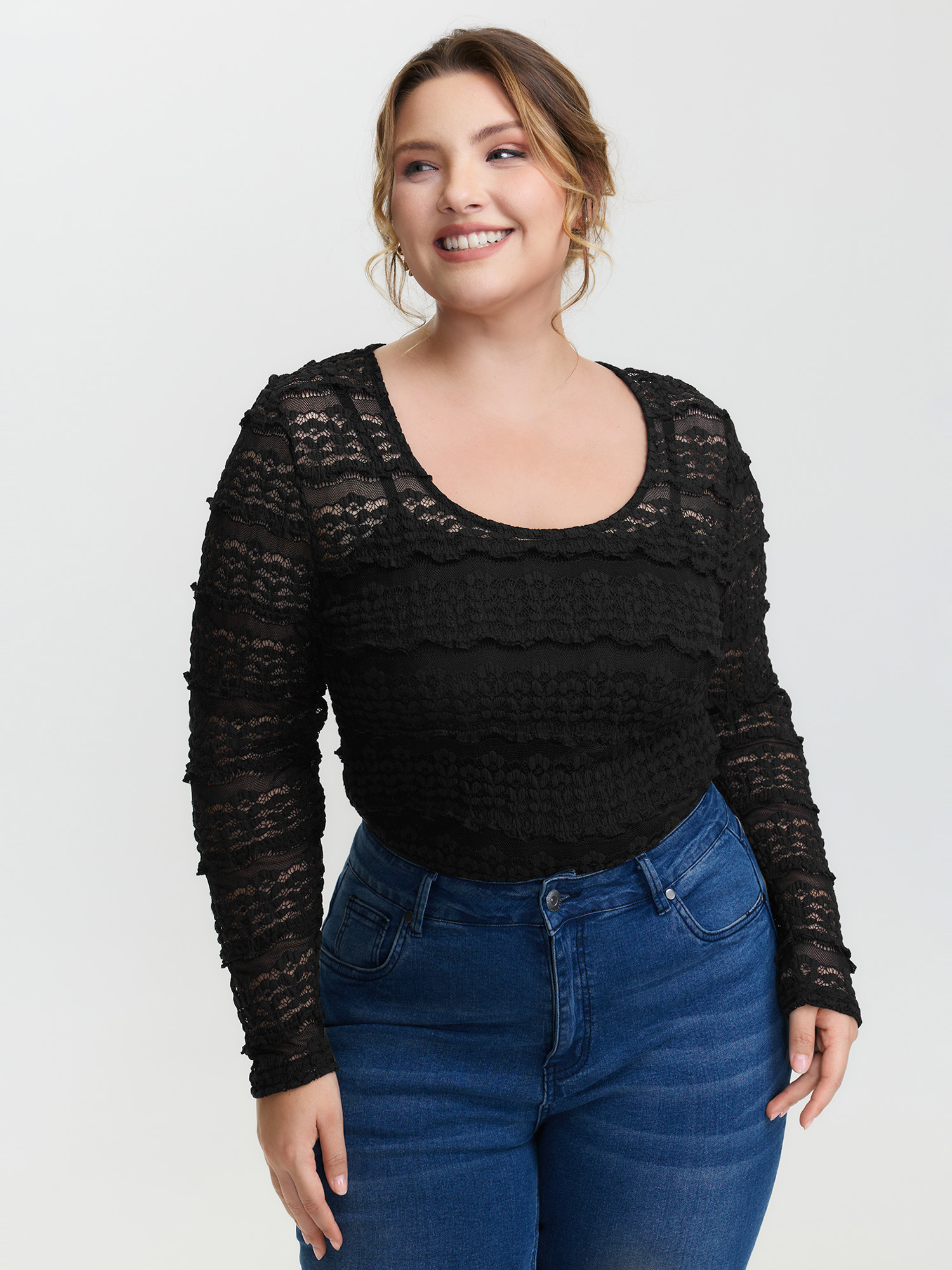 BloomChic Women's Plus Size Sheer Textured Scoop Neck Bodysuit Black Synthetic texture Elegant S-line 26/4X-image-47478001565866