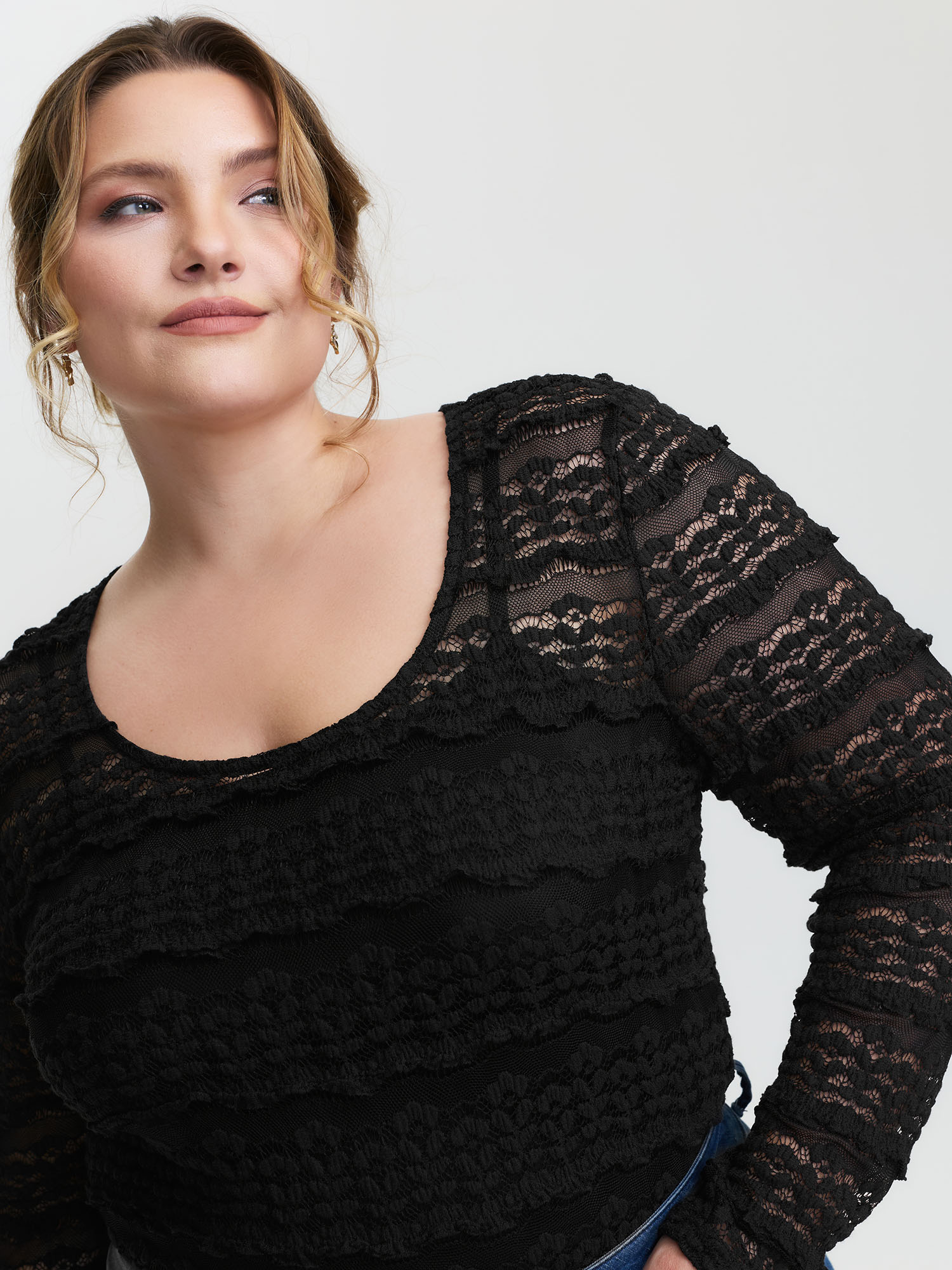 Side view of BloomChic Women's Plus Size Sheer Textured Scoop Neck Bodysuit Black Synthetic texture Elegant S-line 18-20/2X