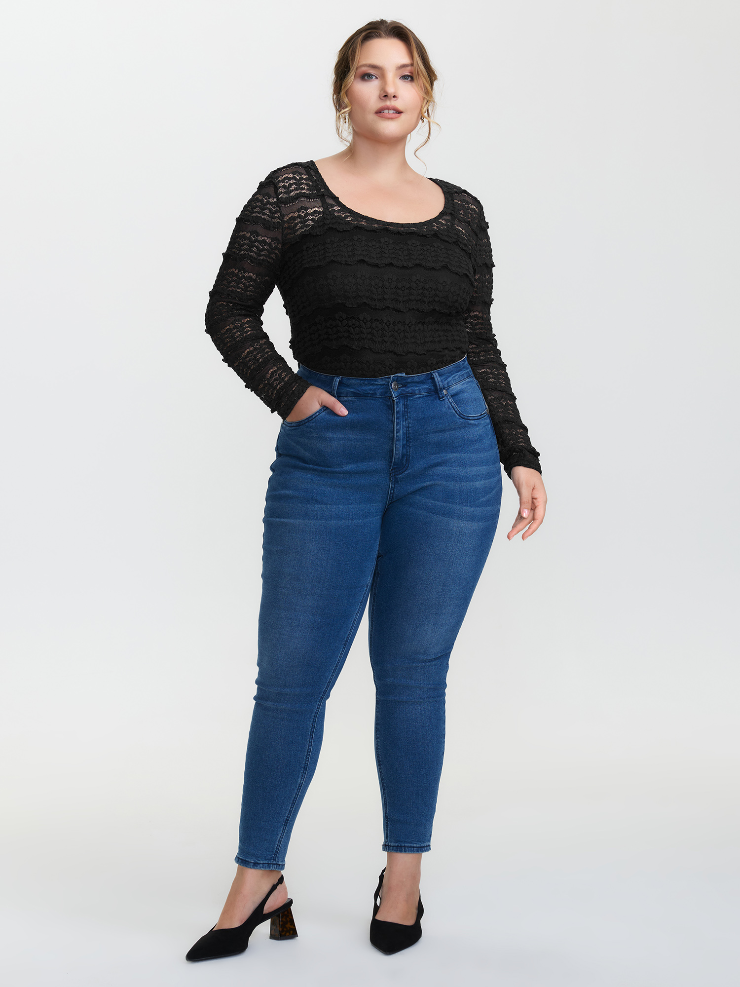 Side view of BloomChic Women's Plus Size Sheer Textured Scoop Neck Bodysuit Black Synthetic texture Elegant S-line 18-20/2X