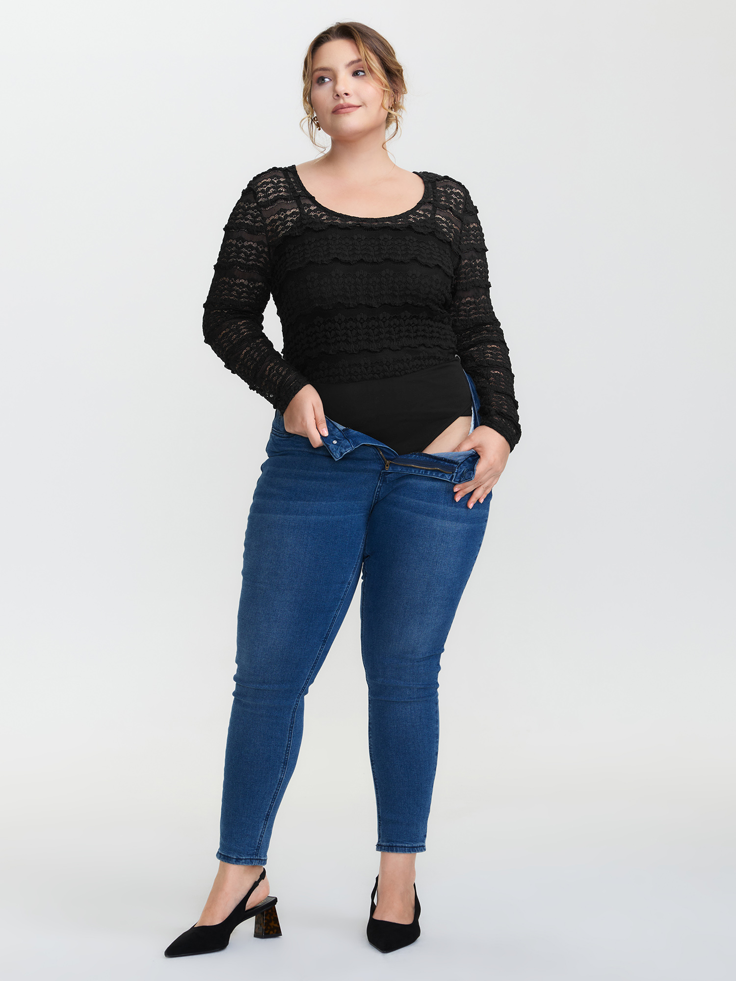 Side view of BloomChic Women's Plus Size Sheer Textured Scoop Neck Bodysuit Black Synthetic texture Elegant S-line 18-20/2X