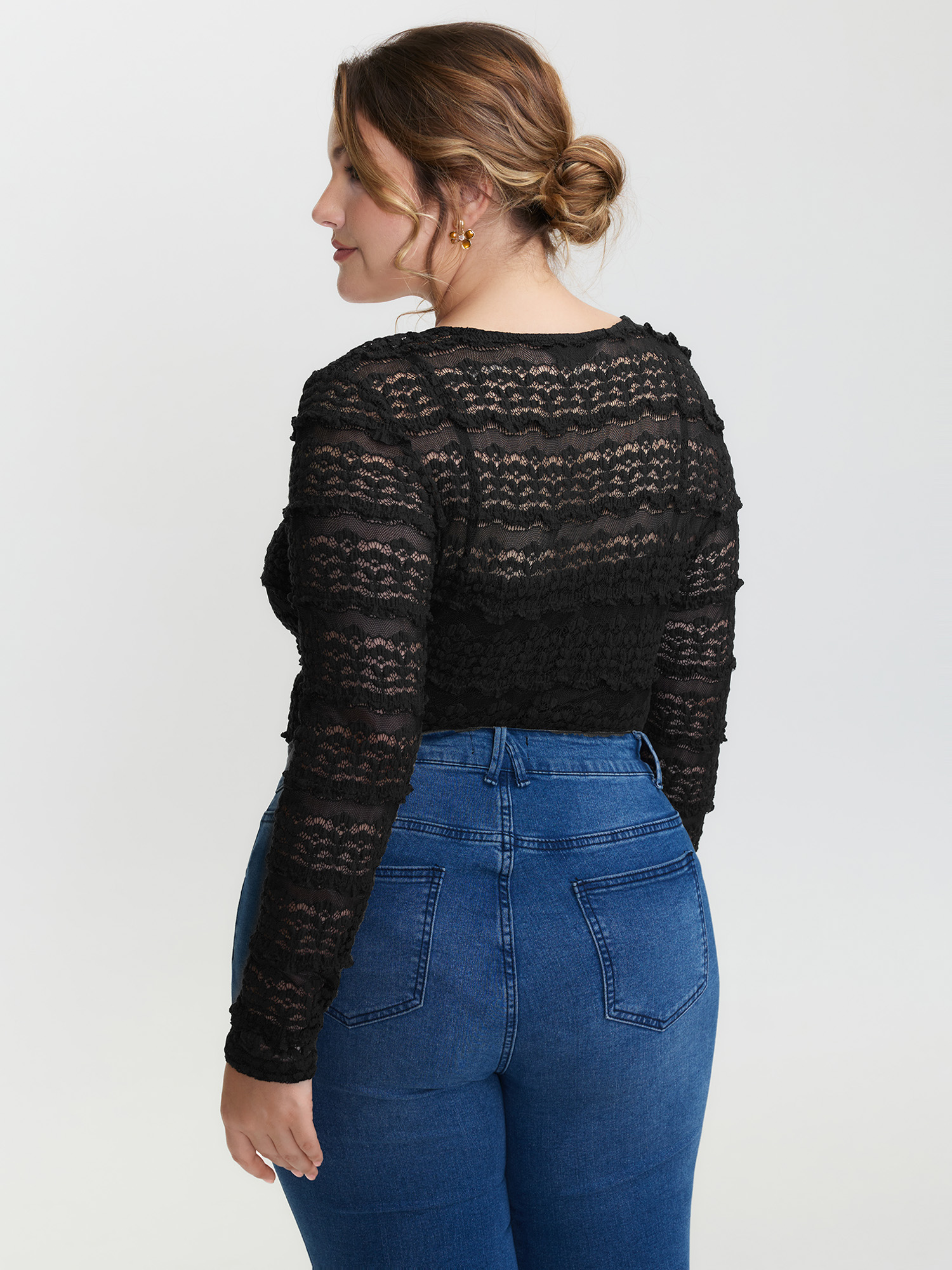 Side view of BloomChic Women's Plus Size Sheer Textured Scoop Neck Bodysuit Black Synthetic texture Elegant S-line 18-20/2X
