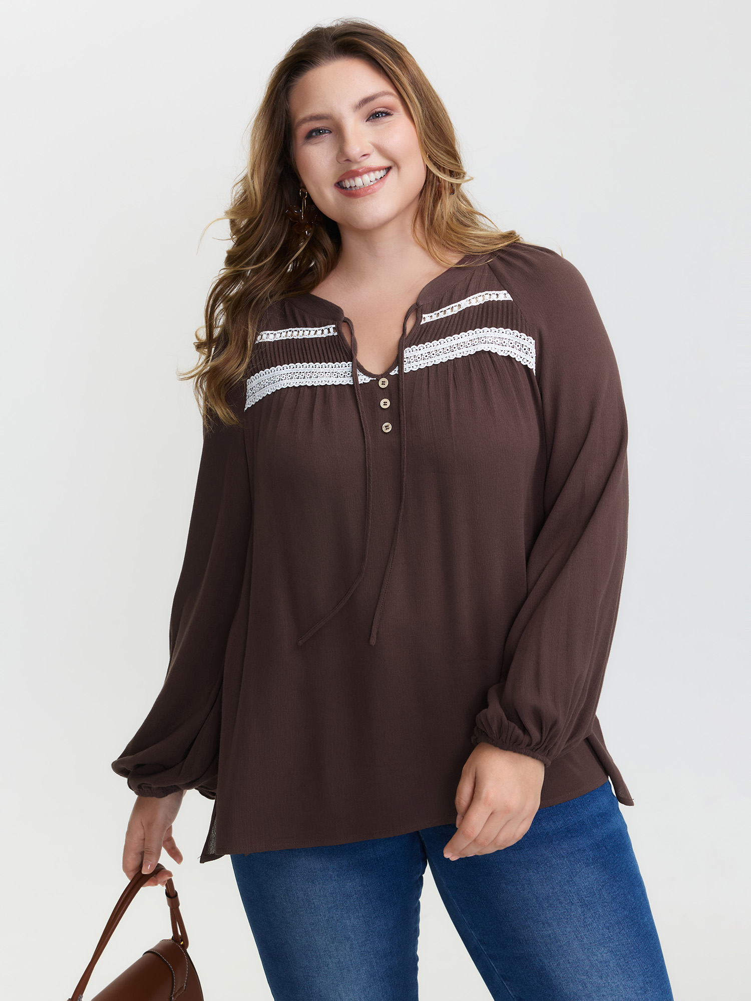 BloomChic Women's Plus Size Pure Cotton Lace Trim Blouse DarkBrown Vacation Long Sleeve 10/M