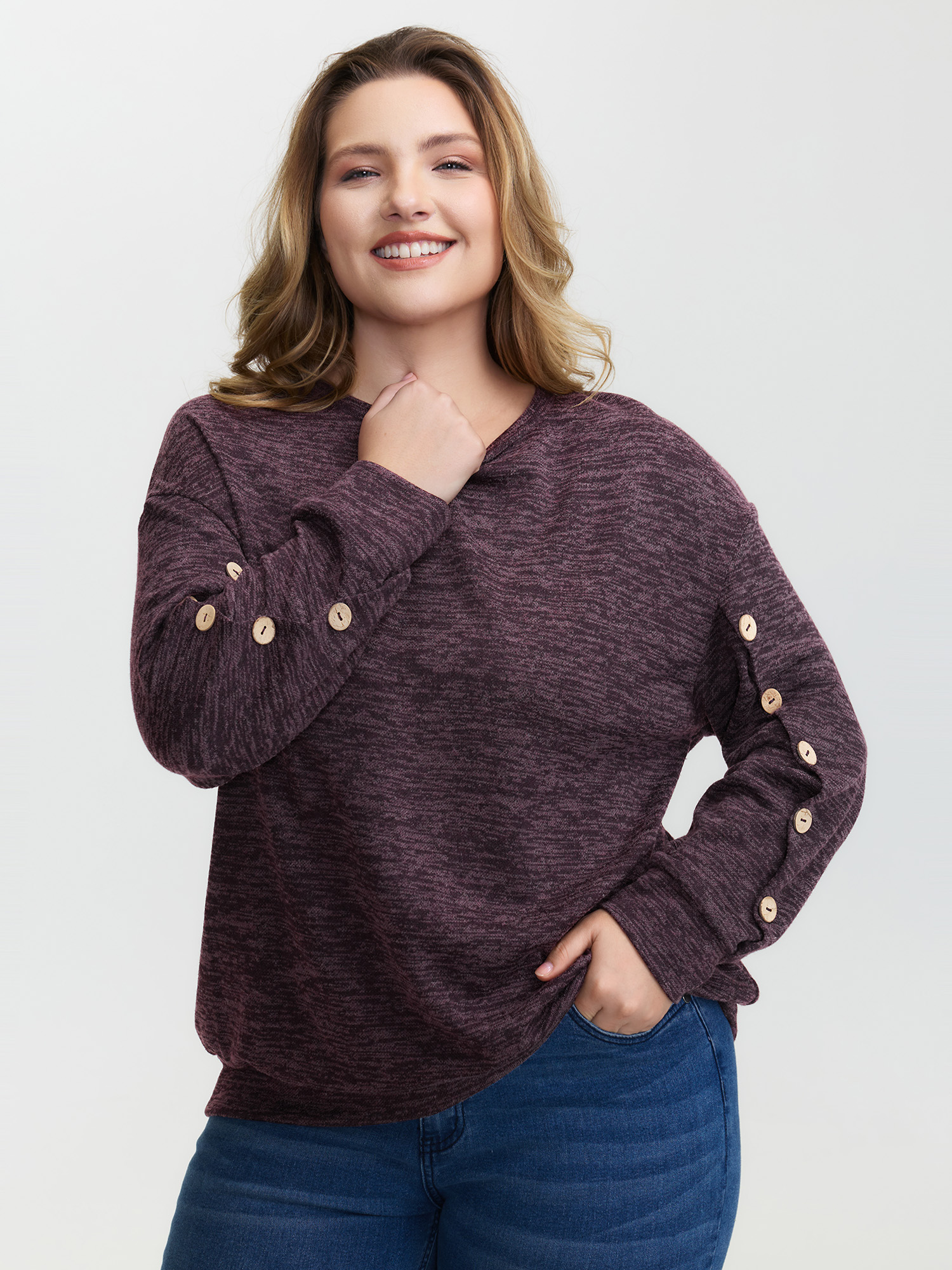 BloomChic Women's Plus Size Heather Button Detail Overlap Sleeve Sweatshirt Plum Everyday-Casual 10/M
