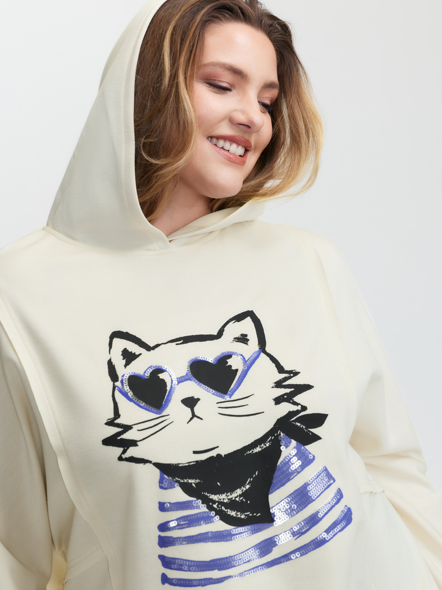 BloomChic Women's Plus Size Supersoft Cat Embroidered Sequin Hoodie Ivory Animals Everyday-Casual 22-24/3X