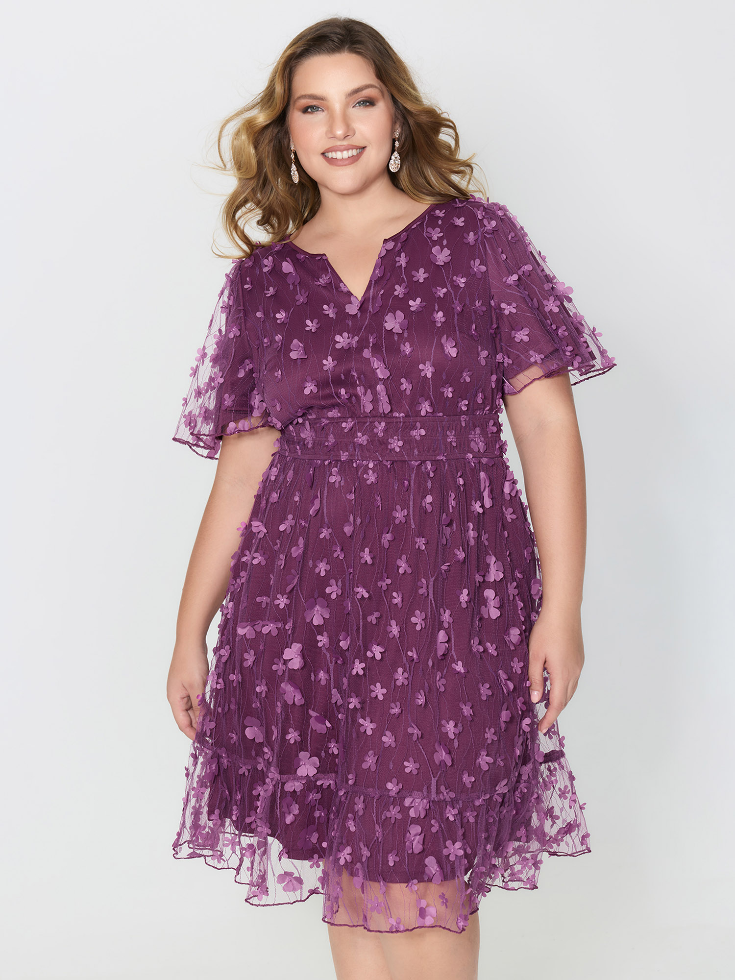 BloomChic Women's Plus Size 3D Floral Mesh Notched Neckline Midi Dress Deeppurplered Knee Everyday-Elegant Embroidered 22-24/3X