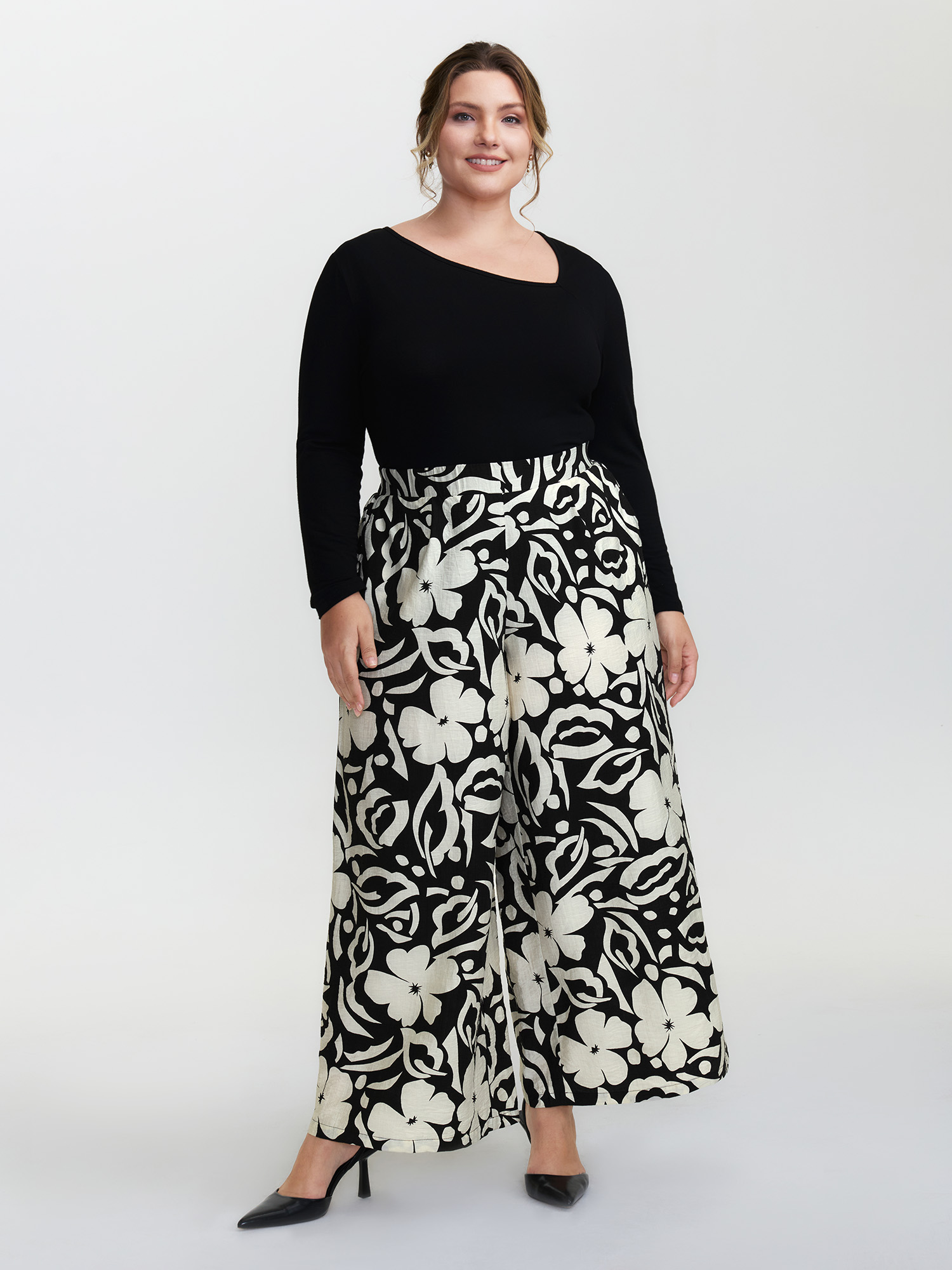 BloomChic Women's Plus Size Abstract Floral Print Wide-Leg Pants BlackFlower Floral Wide leg Mid Rise 14-16/1X